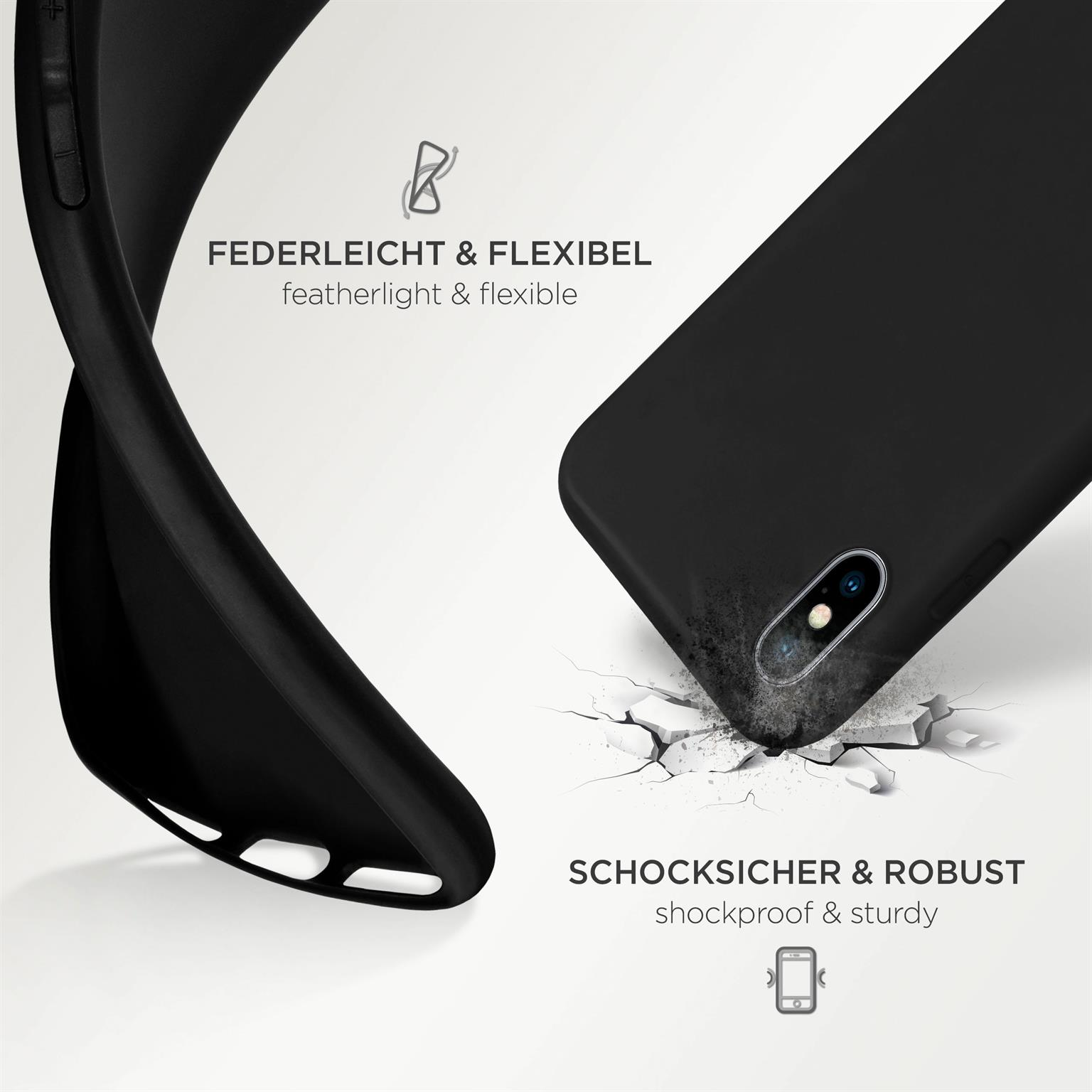 Schwarze Handyhülle, flexibel und stoßfest. Weiße Oberfläche mit Rissen. Text 'federleicht & flexibel'.