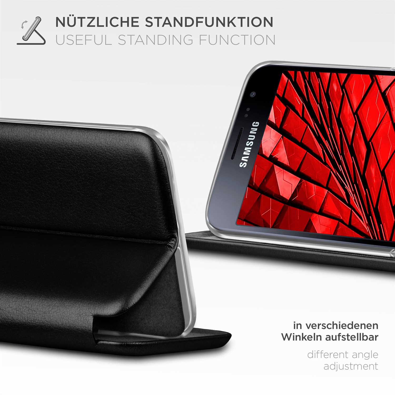 Ein Telefon befindet sich in einer schwarzen Lederhülle und steht schräg. Der Telefonbildschirm zeigt ein rotes abstraktes Muster.
