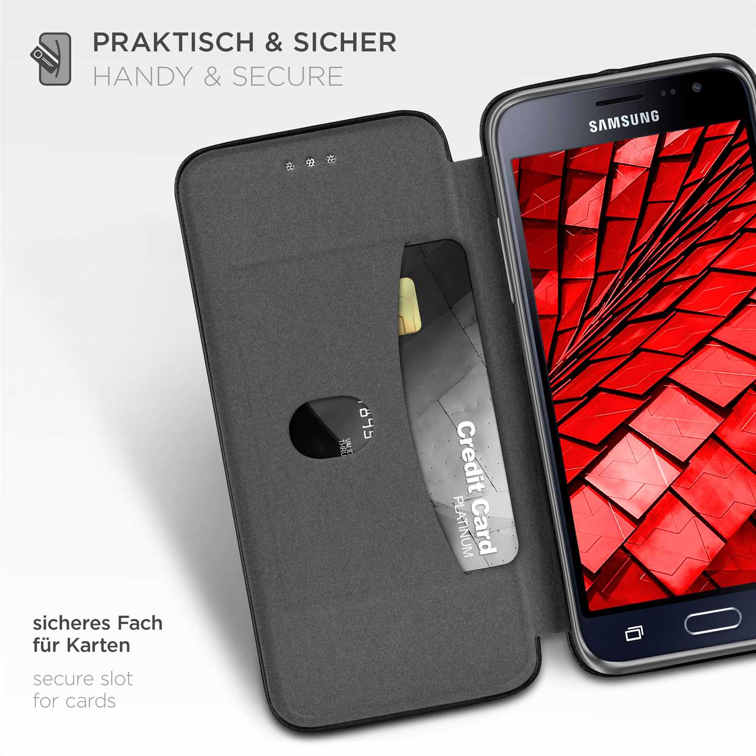 Handyhülle mit Kreditkartenfach und sicheres Fach für Karten. Text: Handy & Secure.