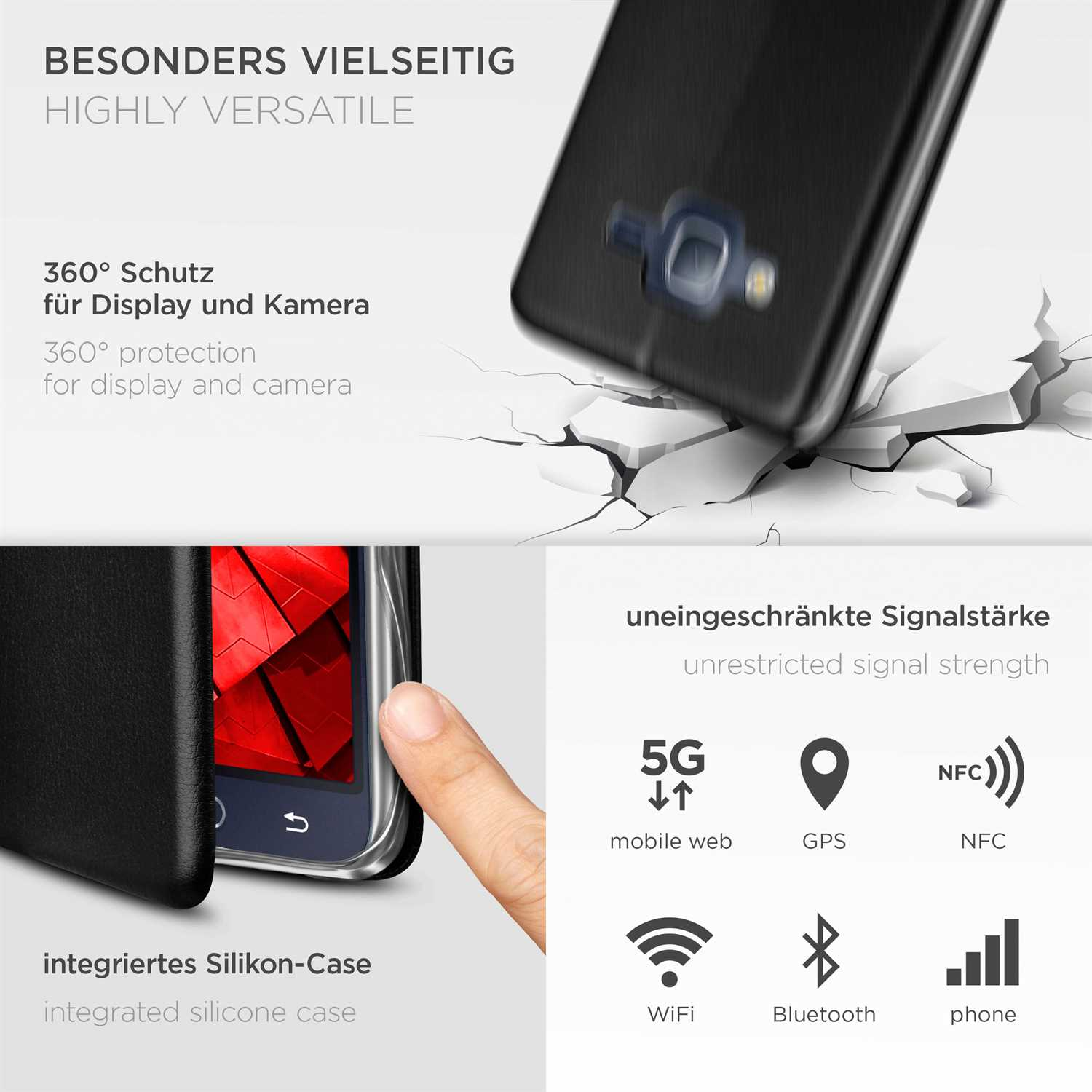Schwarze Handyhülle fällt. Ein Telefon ist mit rotem und weißem Hintergrund sichtbar.