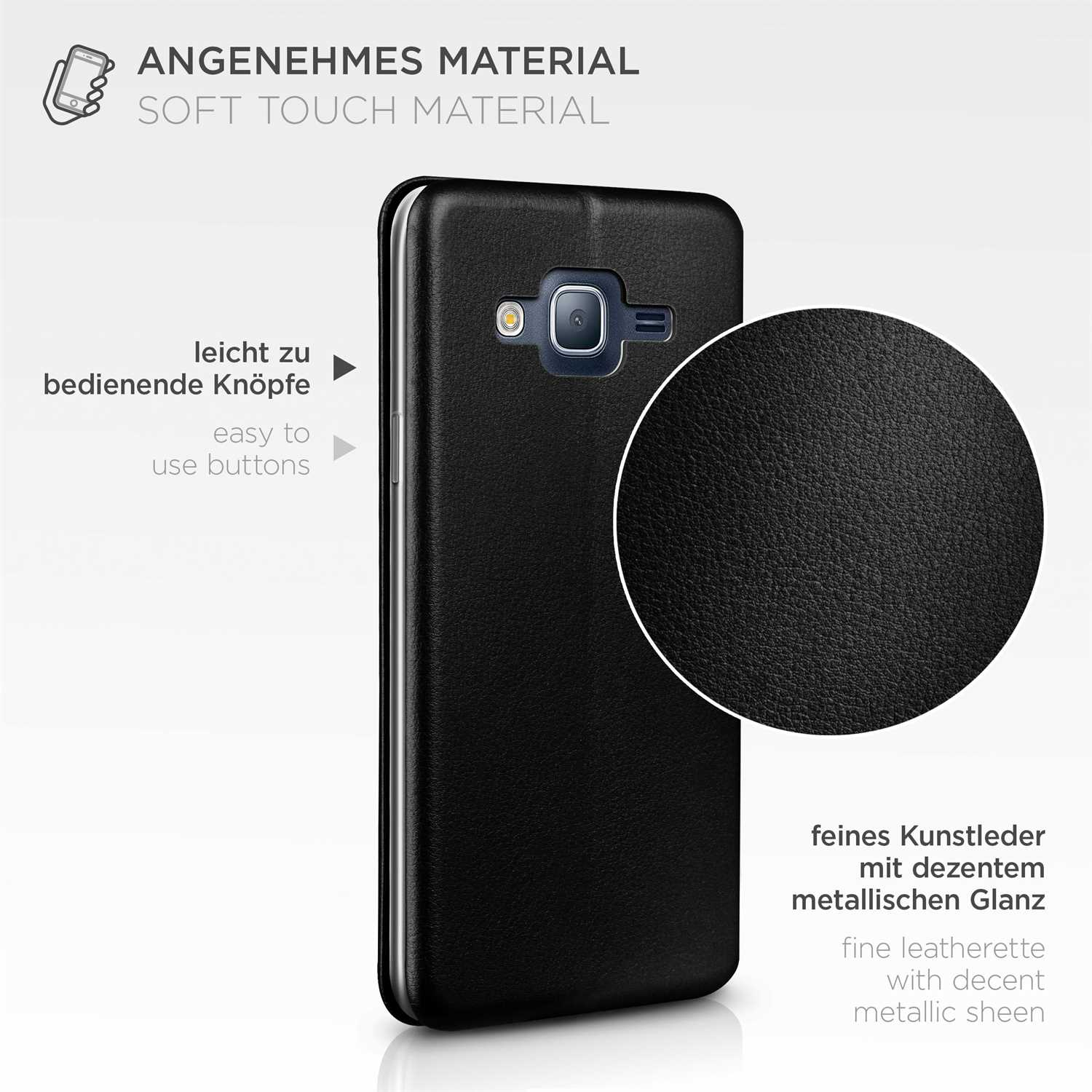 Schwarze Handyhülle mit Nahaufnahme des Ledermaterials. Text auf Deutsch.