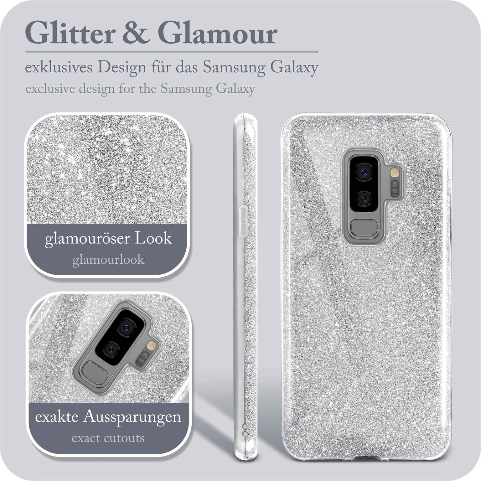 Glitzernde silberne Handyhülle mit Text. Enthält Nahaufnahmen der Hülle und Ausschnitte.