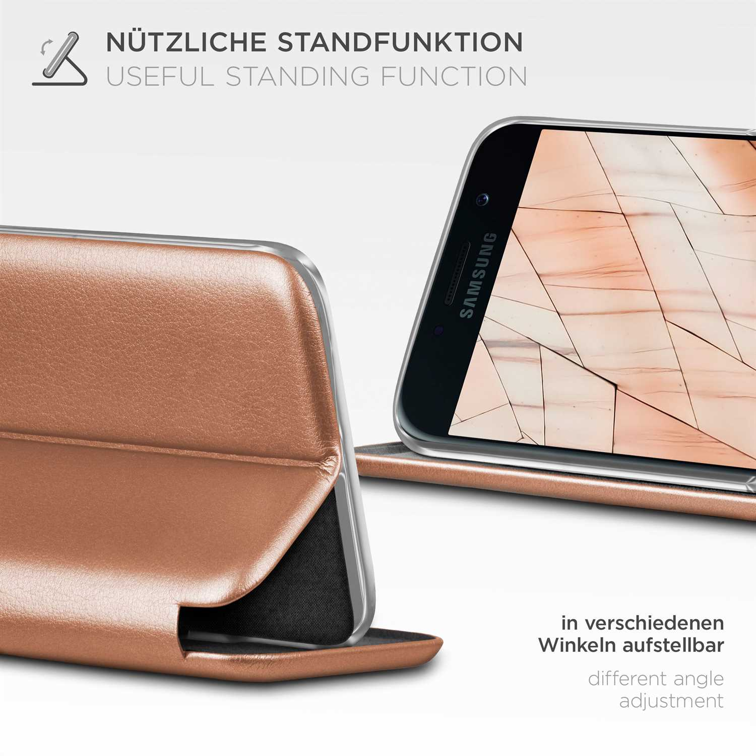 Handyhülle, braunes Leder, mit Telefon. Deutscher Text über Funktionen.