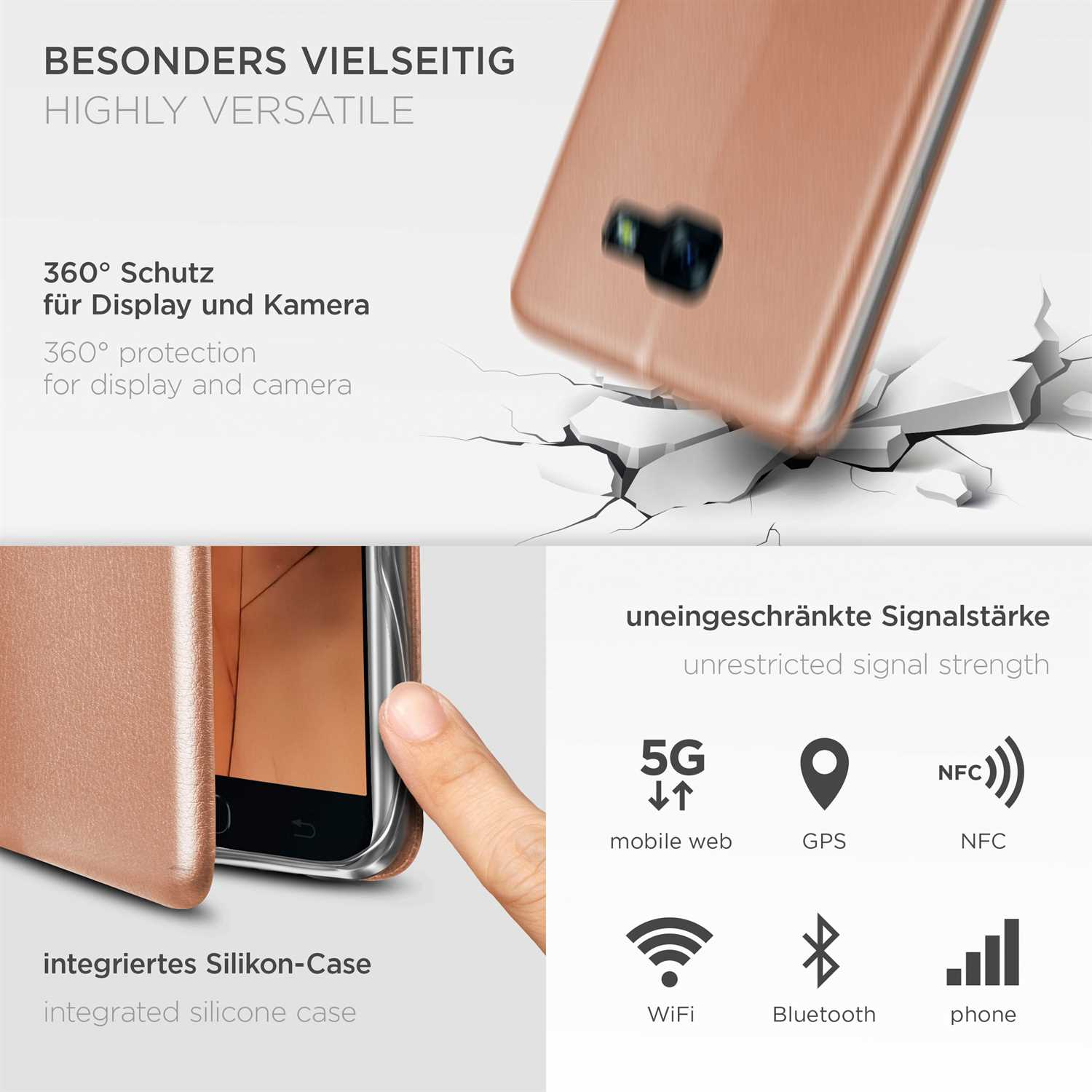 Roségoldenes Handyhülle mit Schutzfunktionen. Symbole für 5G, GPS, NFC, WLAN, Bluetooth und Telefonsignal.