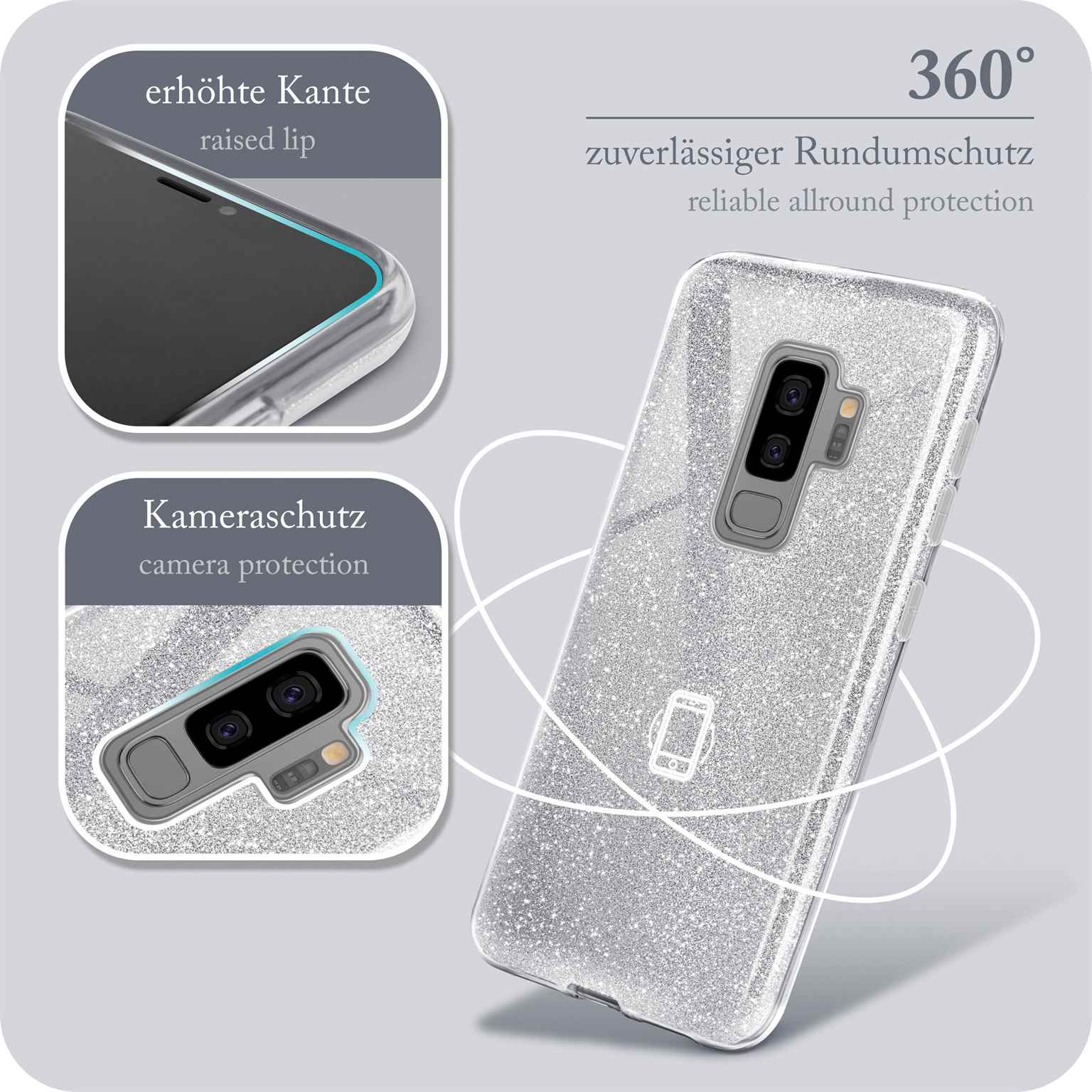 Eine silberne Glitzer-Handyhülle mit Etiketten, die Kameraschutz und eine erhöhte Kante zeigen, mit 360°-Schutz.