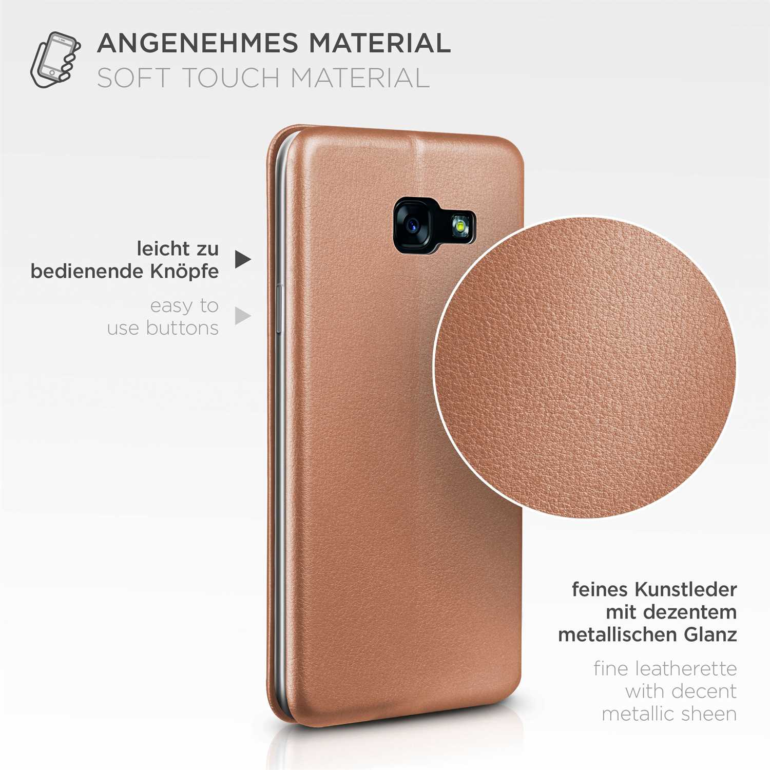 Braune Handyhülle mit metallischem Glanz, Knöpfen und Text.