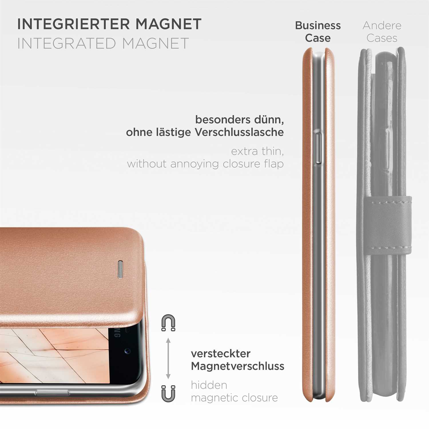 Roségoldenes Handycase mit Klappdeckel, integriertem Magneten und verstecktem Verschluss.