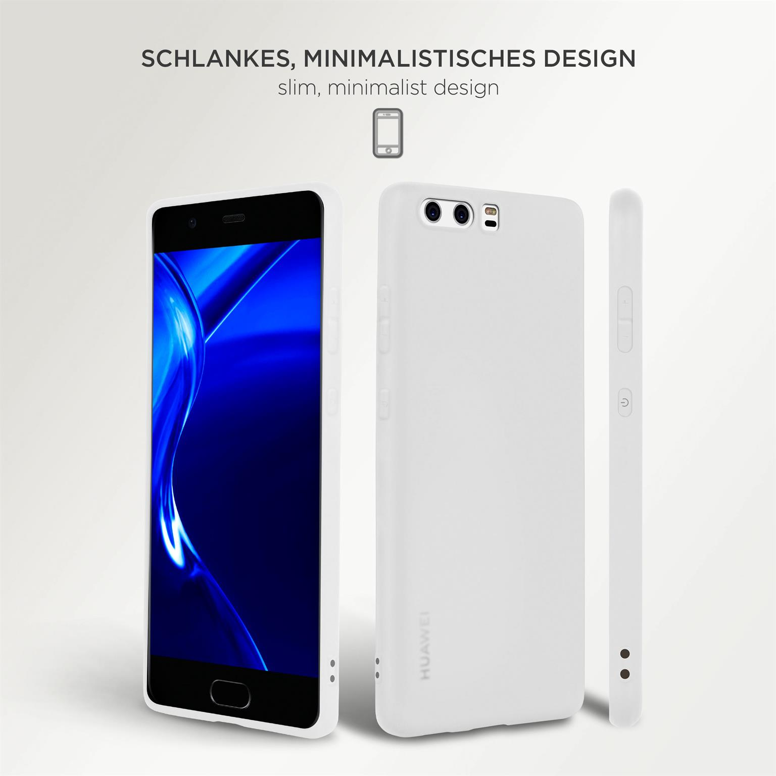 Zwei weiße Handyhüllen, eine mit sichtbarem Bildschirm. Text: 'schlankes, minimalistisches Design'.
