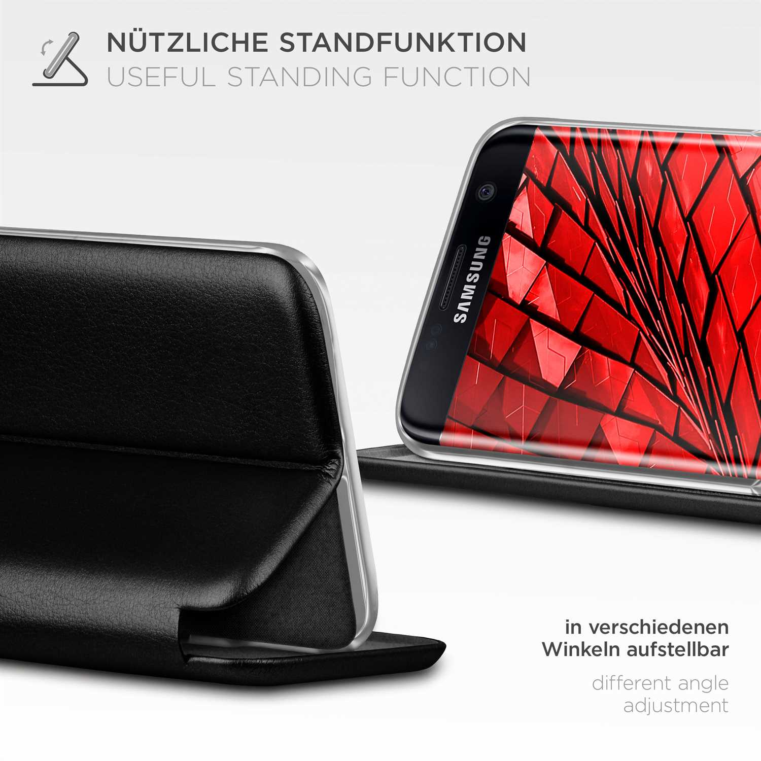 Telefon in Hülle mit Standfunktion. Rotes Muster auf dem Bildschirm. Schwarze Lederhülle.