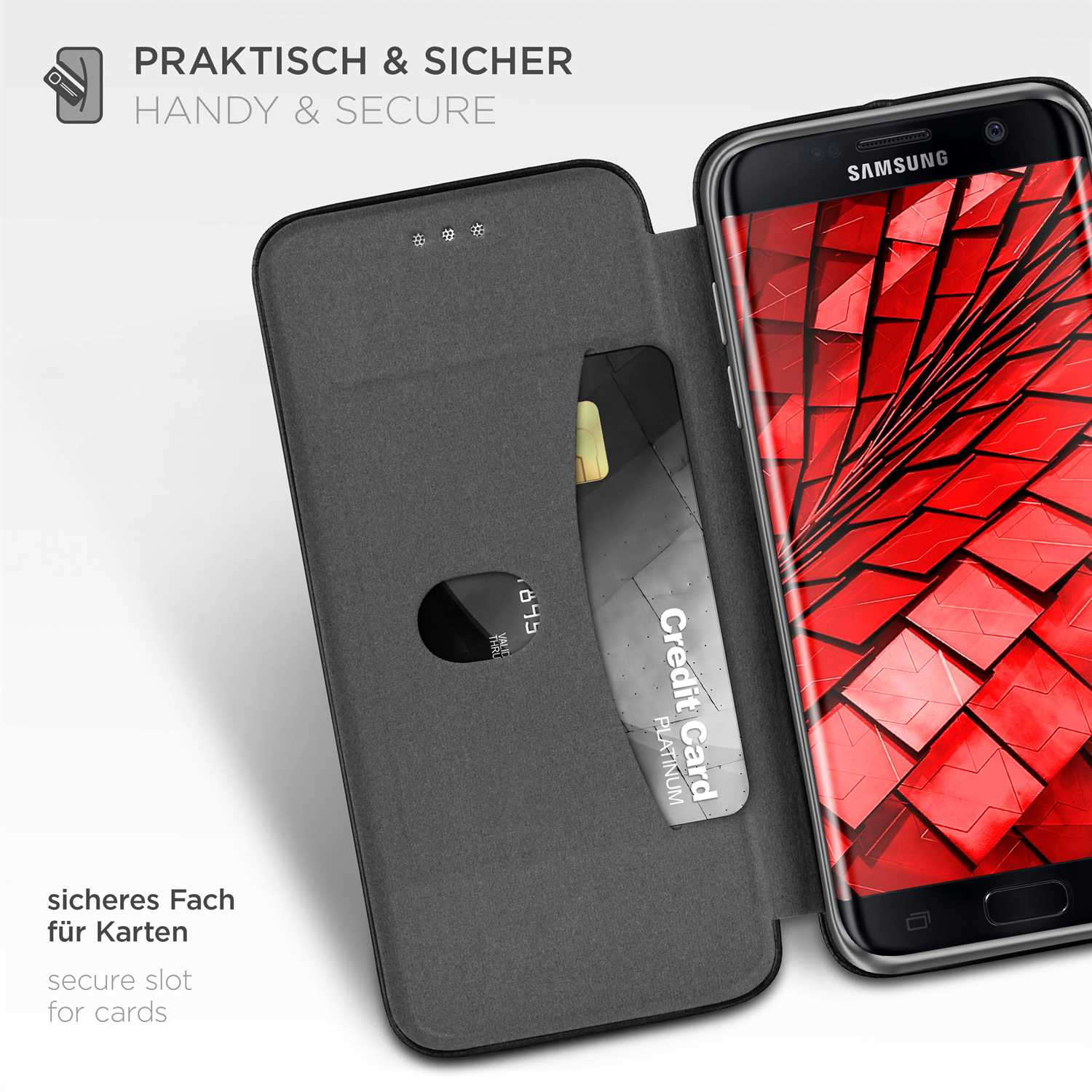 Geöffnete Handyhülle mit Kreditkarte im Inneren. Das Telefon zeigt ein rotes Design.