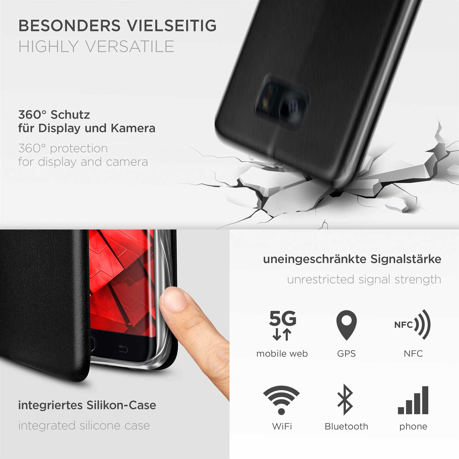 Telefon in Hülle, zeigt Schutz, Signal-Icons und eine zerbrochene Oberfläche. Schwarze Hülle sichtbar.