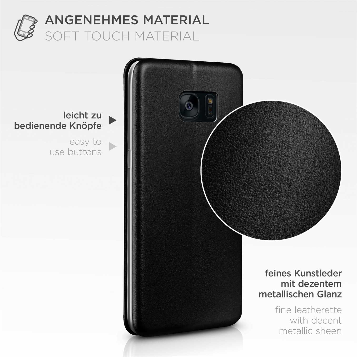 Schwarze Handyhülle mit metallischem Glanz. Eine Nahaufnahme der Oberflächen ist sichtbar. Einfach zu bedienende Knöpfe.