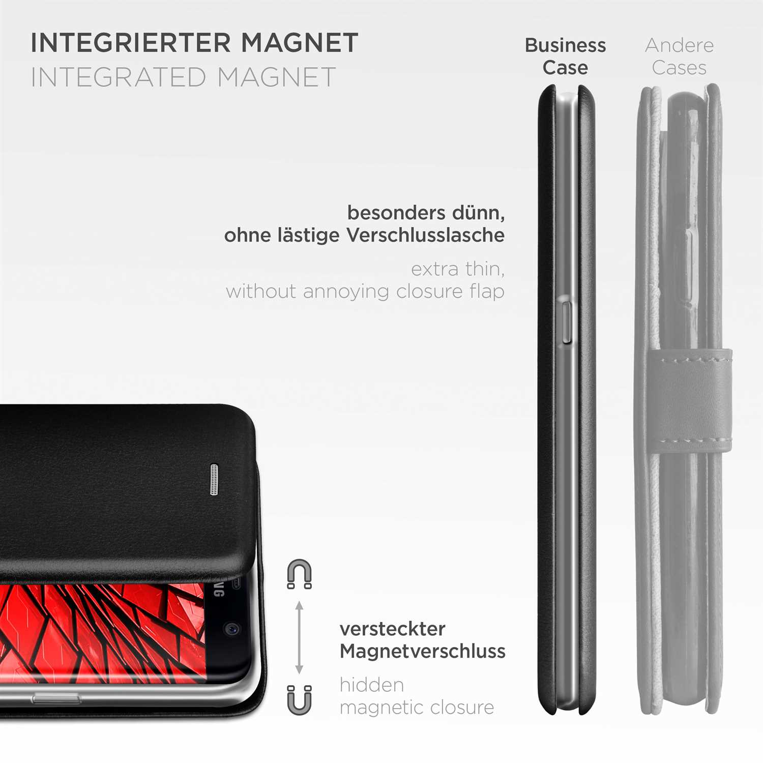 Schwarze Handyhülle mit geöffneter Abdeckung und rotem Muster auf dem Bildschirm.