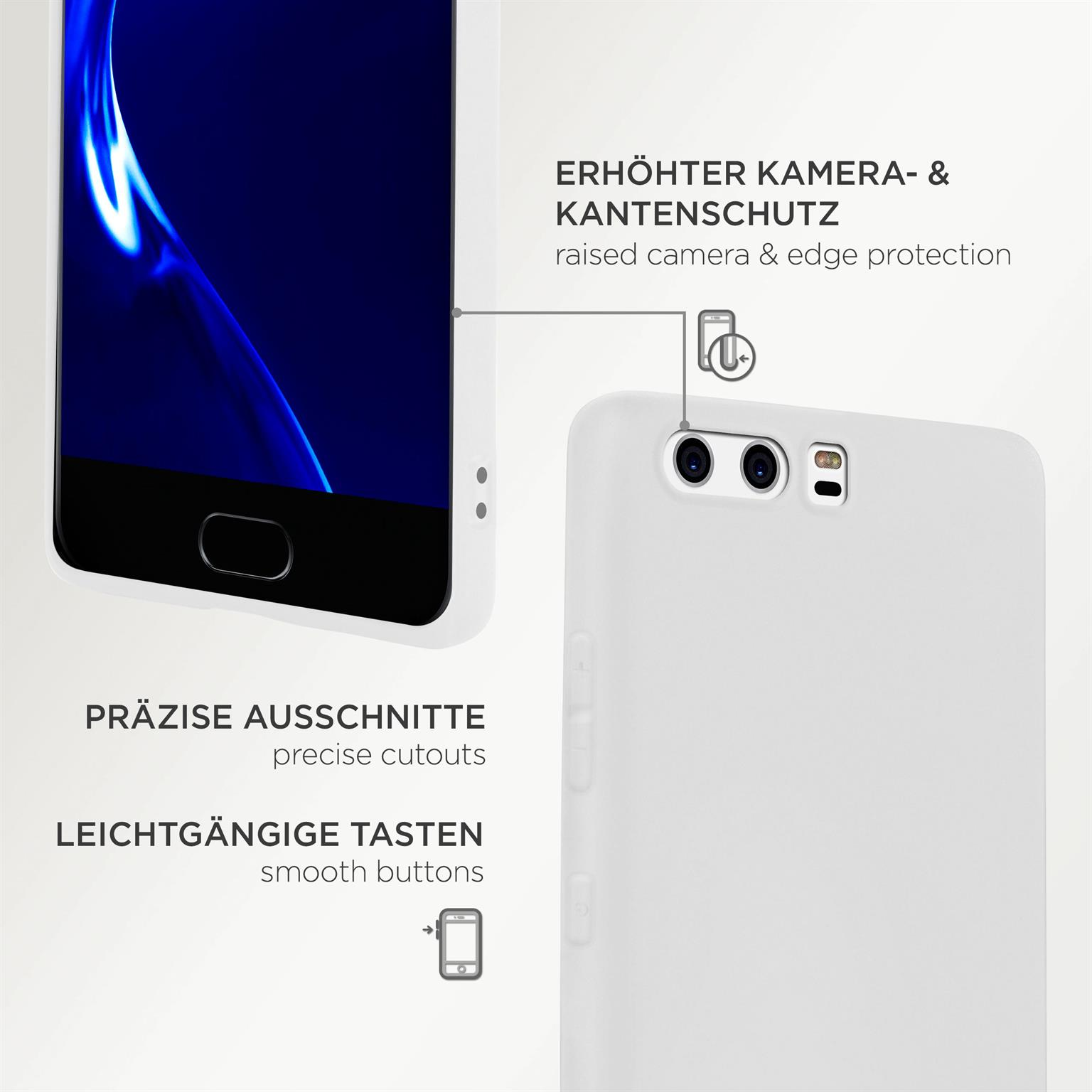 Weiße Handyhülle mit präzisen Aussparungen, glatten Tasten und erhöhtem Kameraschutz.