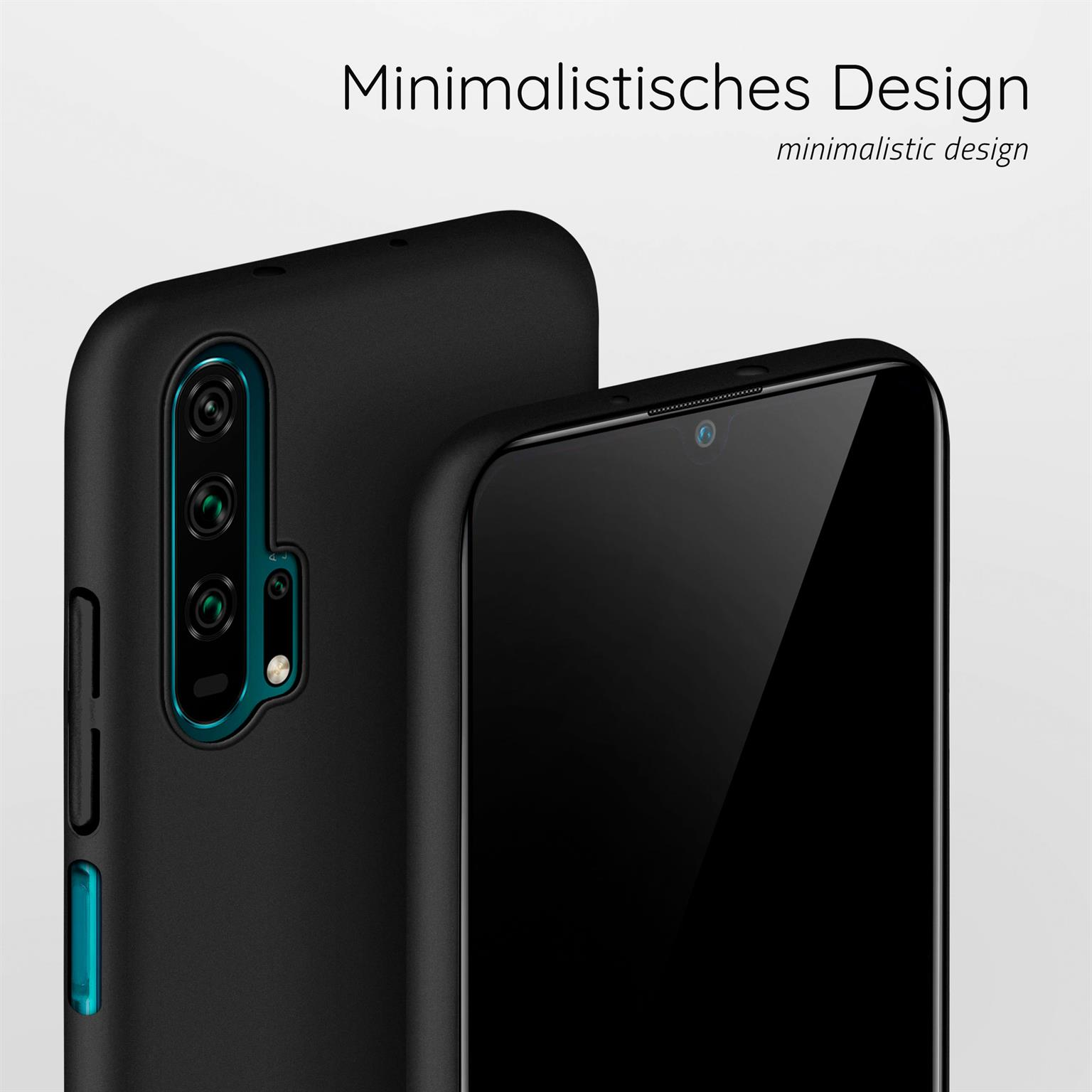 Zwei schwarze Telefone mit minimalistischem Design. Ein Telefon ist im Fokus. Weißer Hintergrund.