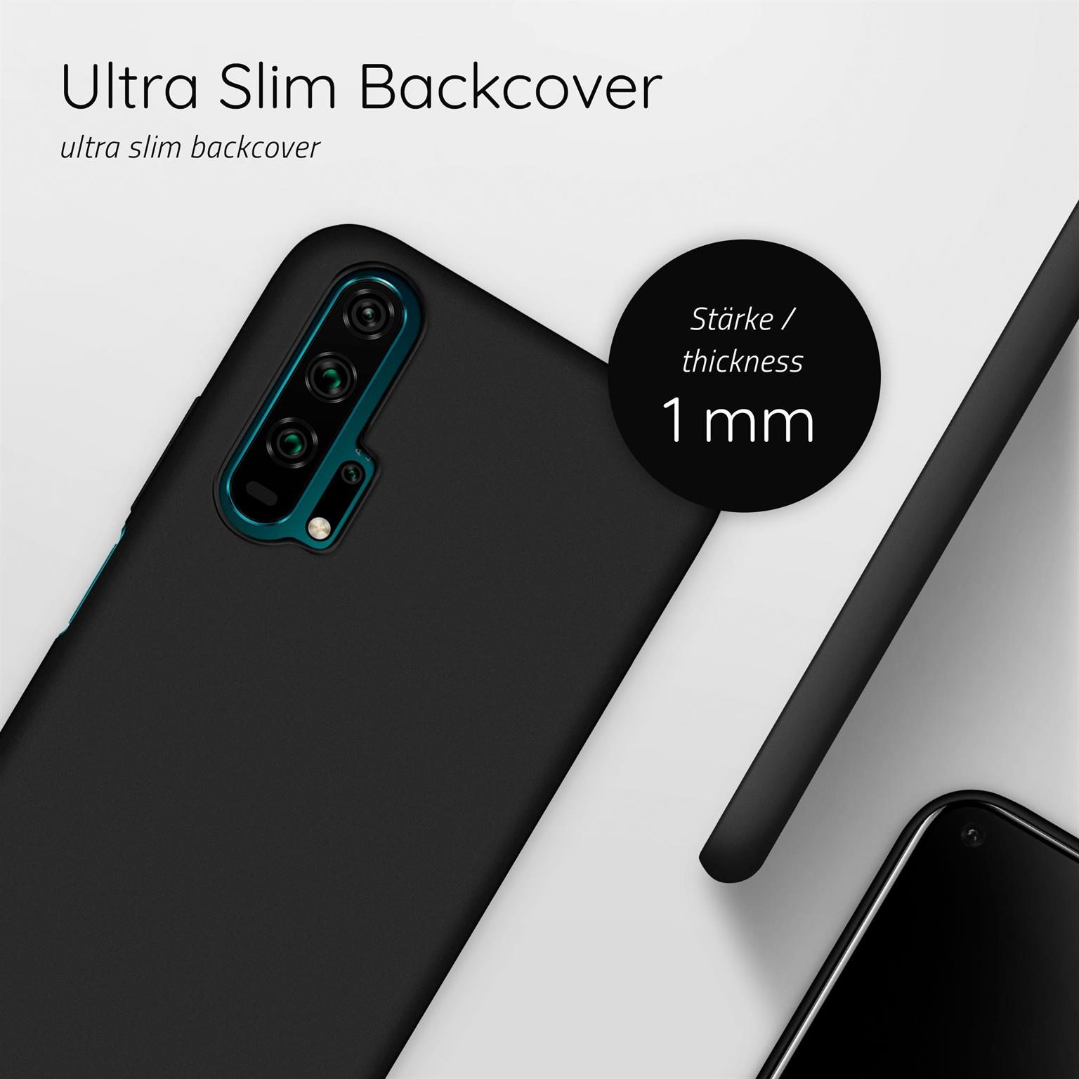 Schwarze Handyhülle auf weißem Hintergrund. Dicke mit 1 mm markiert. Telefonkameras sichtbar.