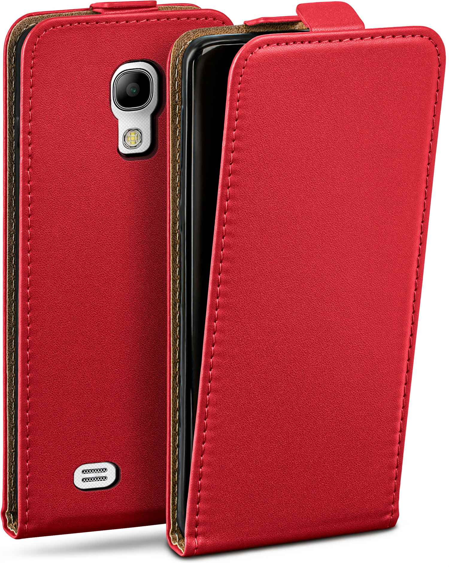 Rote Handyhülle mit offener Abdeckung, Telefon sichtbar.