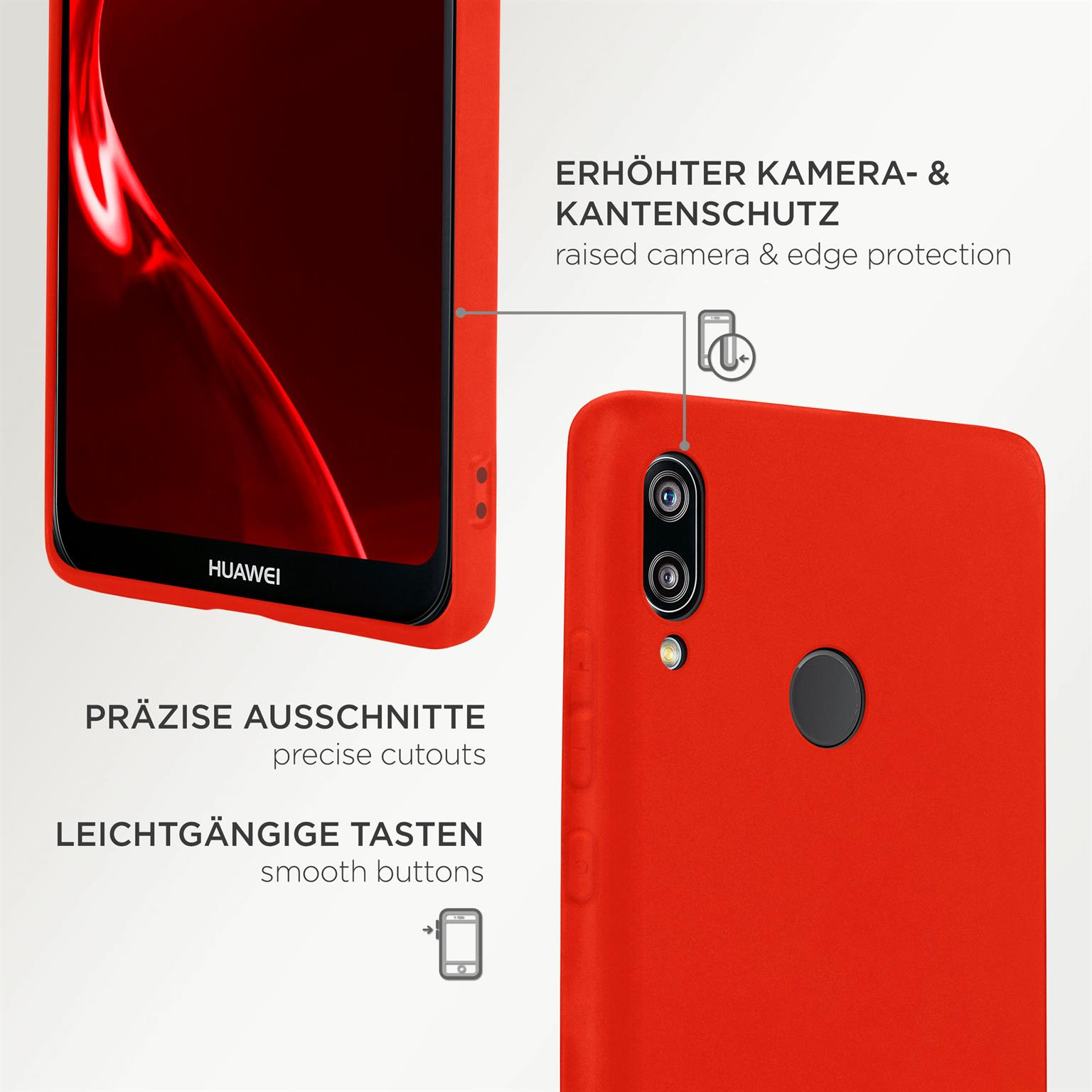 Rote Handyhülle mit Text. Zeigt erhöhten Kamera- und Kantenschutz, präzise Aussparungen, glatte Tasten.