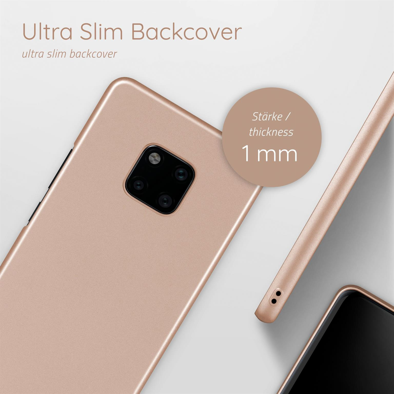 Roségoldene Handyhülle. Eine Handyhülle auf weißem Untergrund mit Text über eine Dicke von 1 mm.