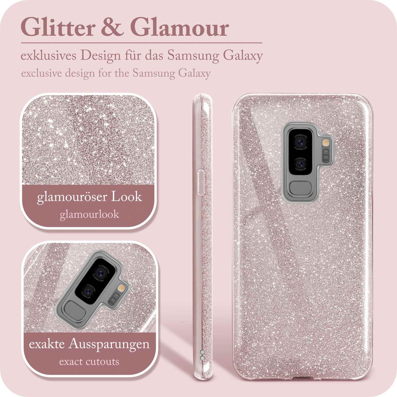 Eine Handyhülle mit Glitzer, zeigt Details und Text: 'Glitter & Glamour' und 'exklusives Design'.