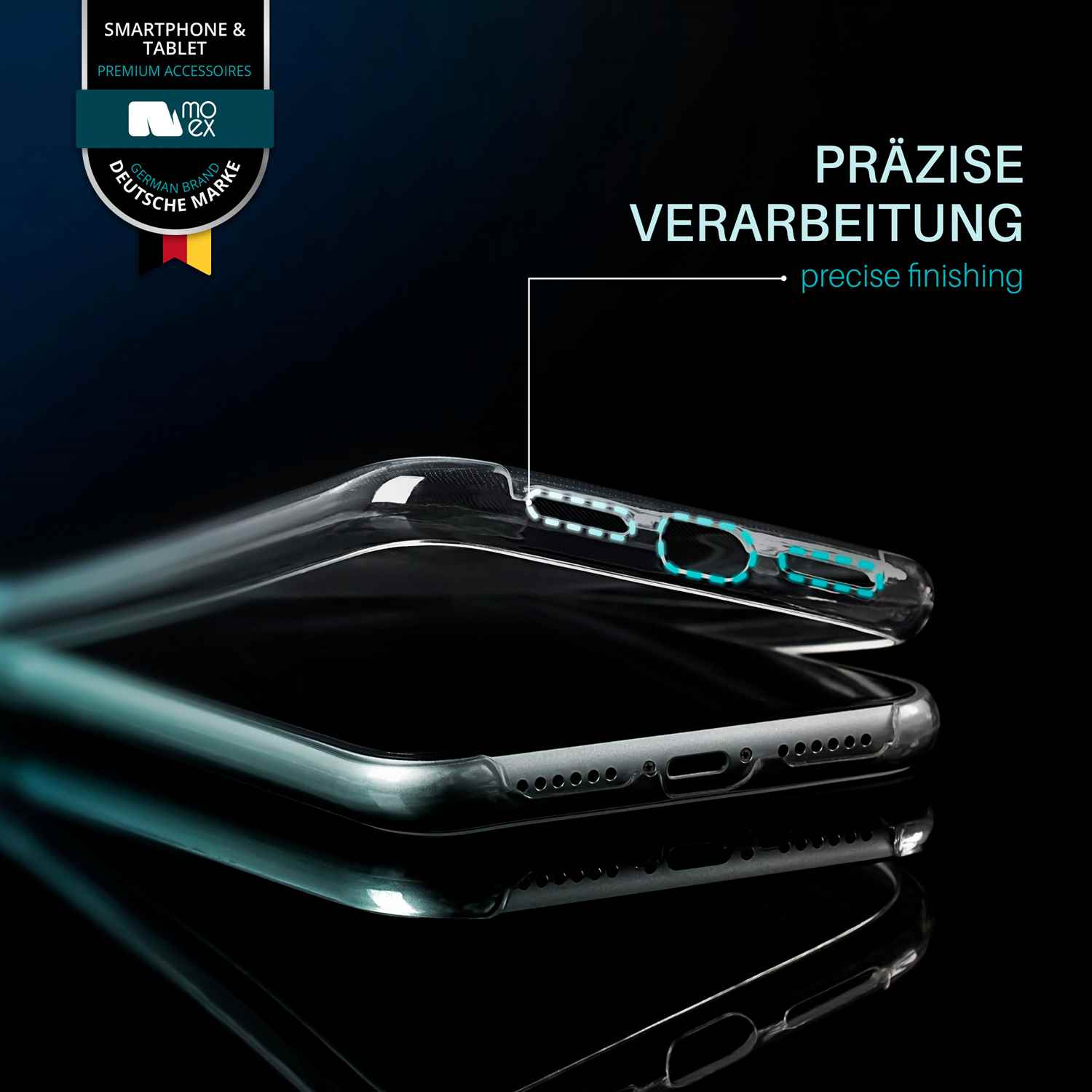 Transparente Handyhülle mit Telefon. Nahaufnahme der Anschlüsse und Tasten.