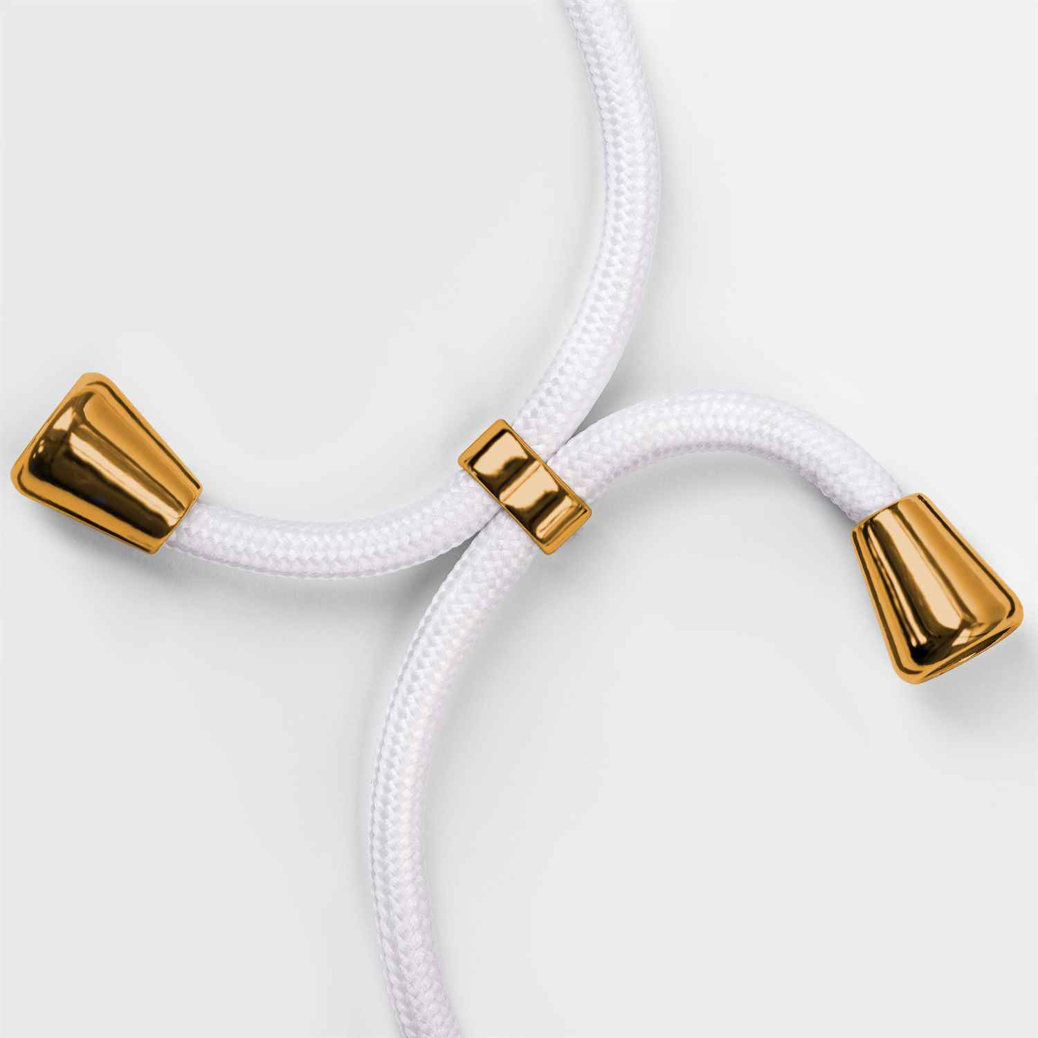 Weißes geflochtenes Kabel mit goldenen konischen Enden und einem goldenen Verbinder.