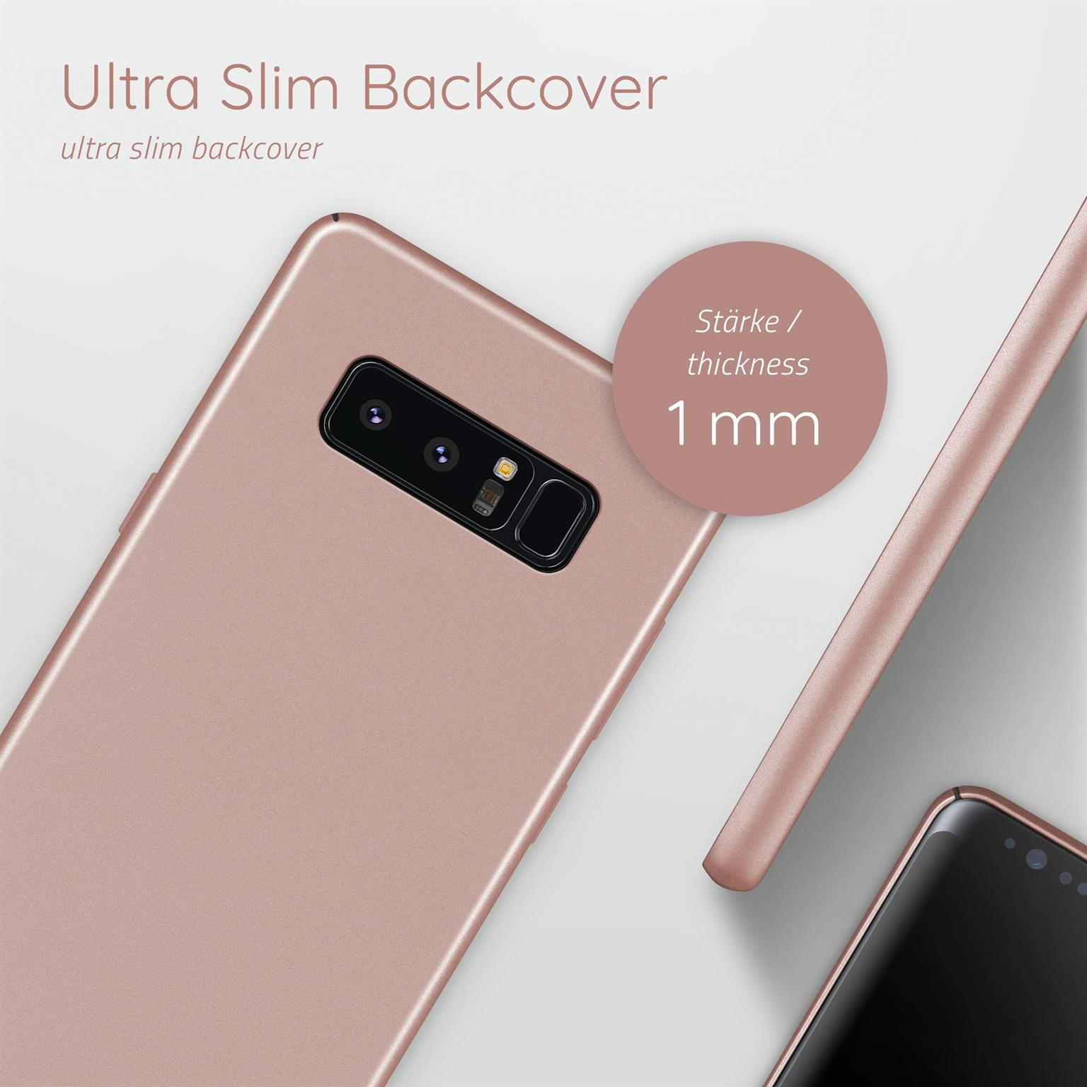 Roségoldene Handy-Rückseite. Kreis zeigt 1 mm Dicke.