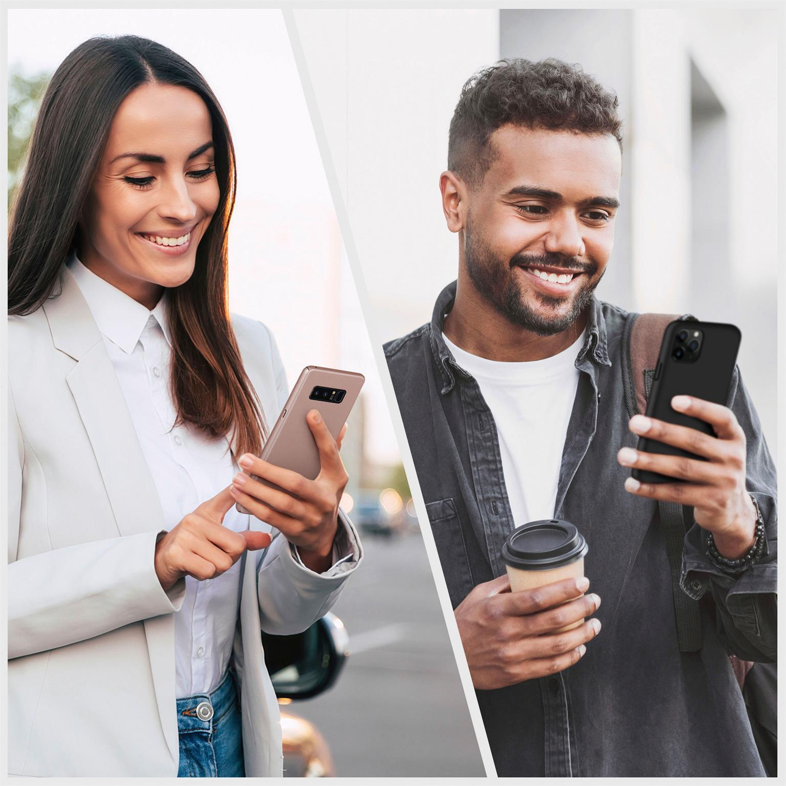 Zwei Personen benutzen Telefone. Eine Frau mit beigem Telefon, der Mann mit schwarzem Telefon.