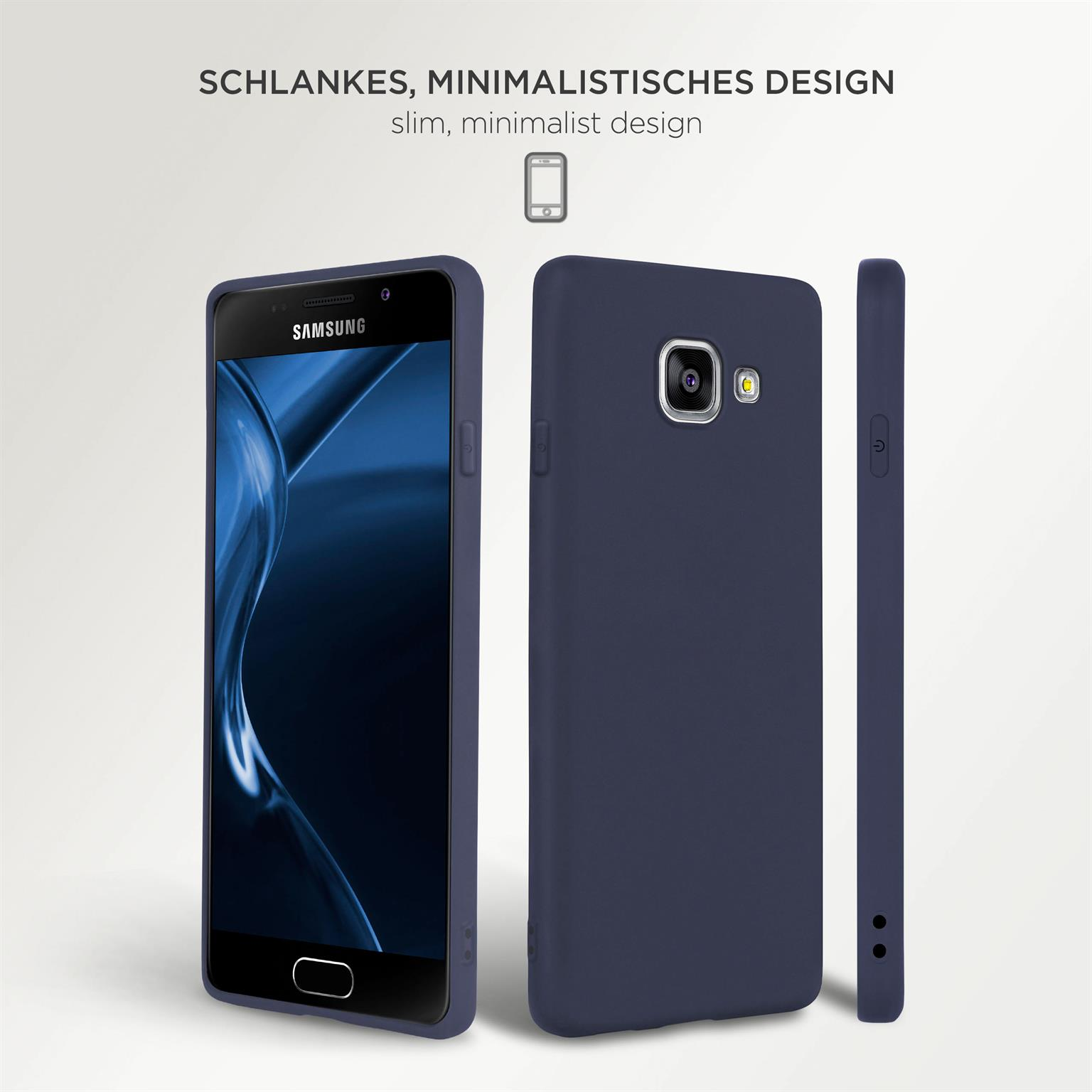 Dunkelblaue Handyhülle neben einem Telefon, mit Text über schlankes, minimalistisches Design.