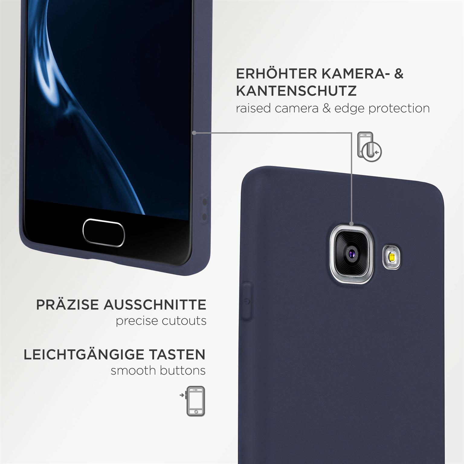 Nahaufnahme einer blauen Handyhülle. Details zeigen präzise Aussparungen und glatte Knöpfe. Text: Kantenschutz.
