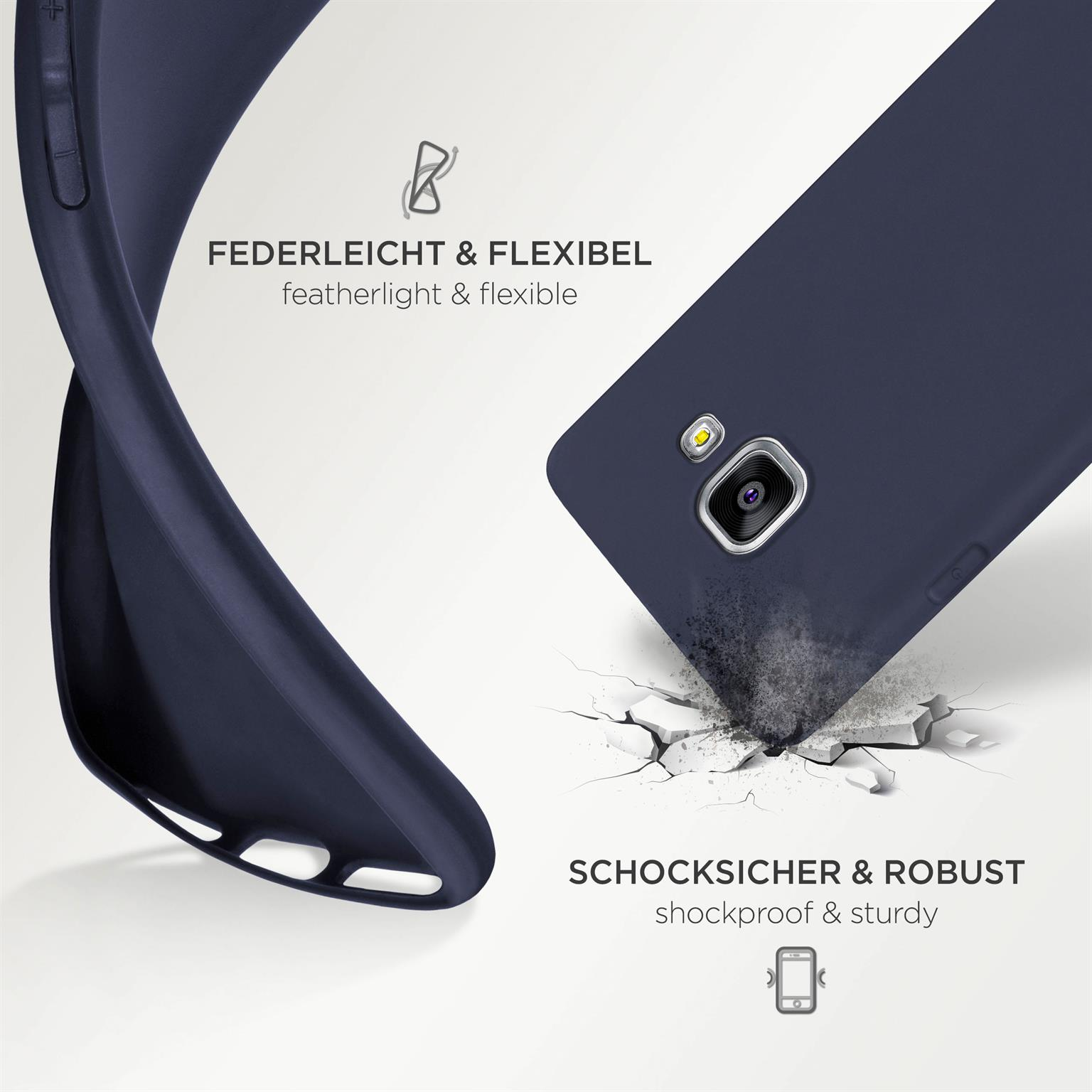 Blaue Handyhülle mit Text über Flexibilität und Stoßfestigkeit und eine zerbrochene Oberfläche.