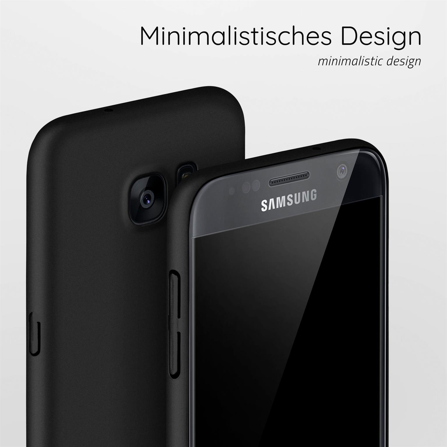 Zwei schwarze Handyhüllen, eine mit sichtbarem Telefonbildschirm. Text lautet minimalistisches Design.