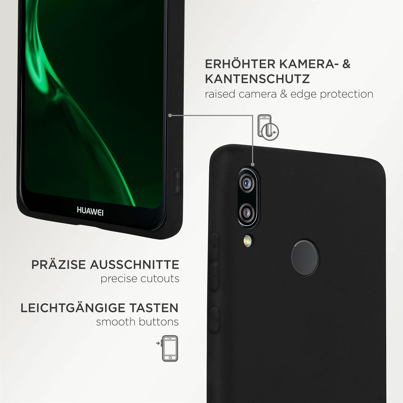 Schwarze Handyhülle mit erhöhtem Kameraschutz, präzisen Aussparungen und glatten Knöpfen.