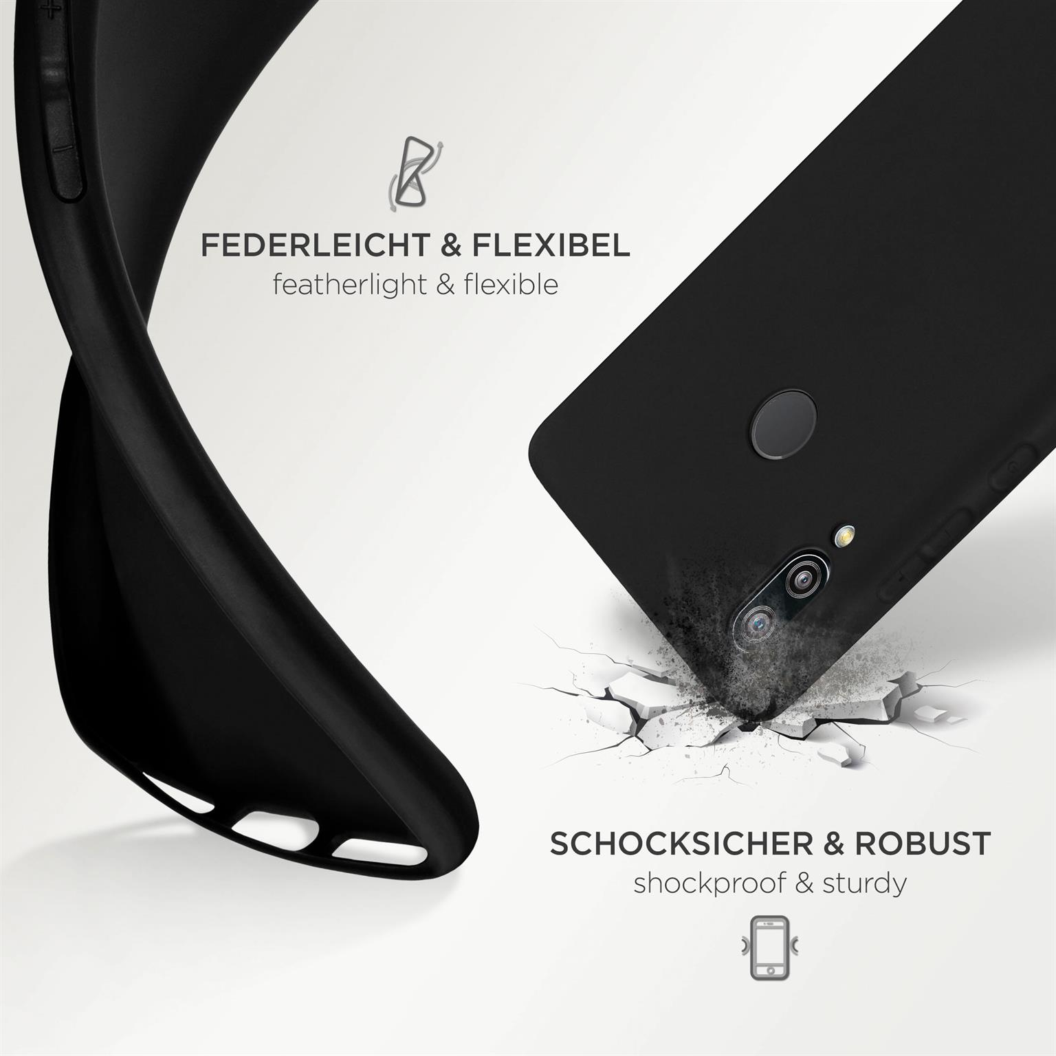 Eine schwarze Telefonhülle biegt sich. Eine Telefonform ist sichtbar mit Text, der stoßfest & robust sagt.