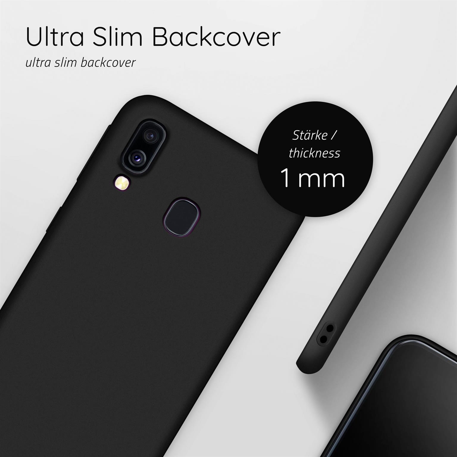 Schwarze Handyhülle mit Telefon und Text. Text sagt ultradünne Rückseite und 1 mm Dicke. Weißer Hintergrund.
