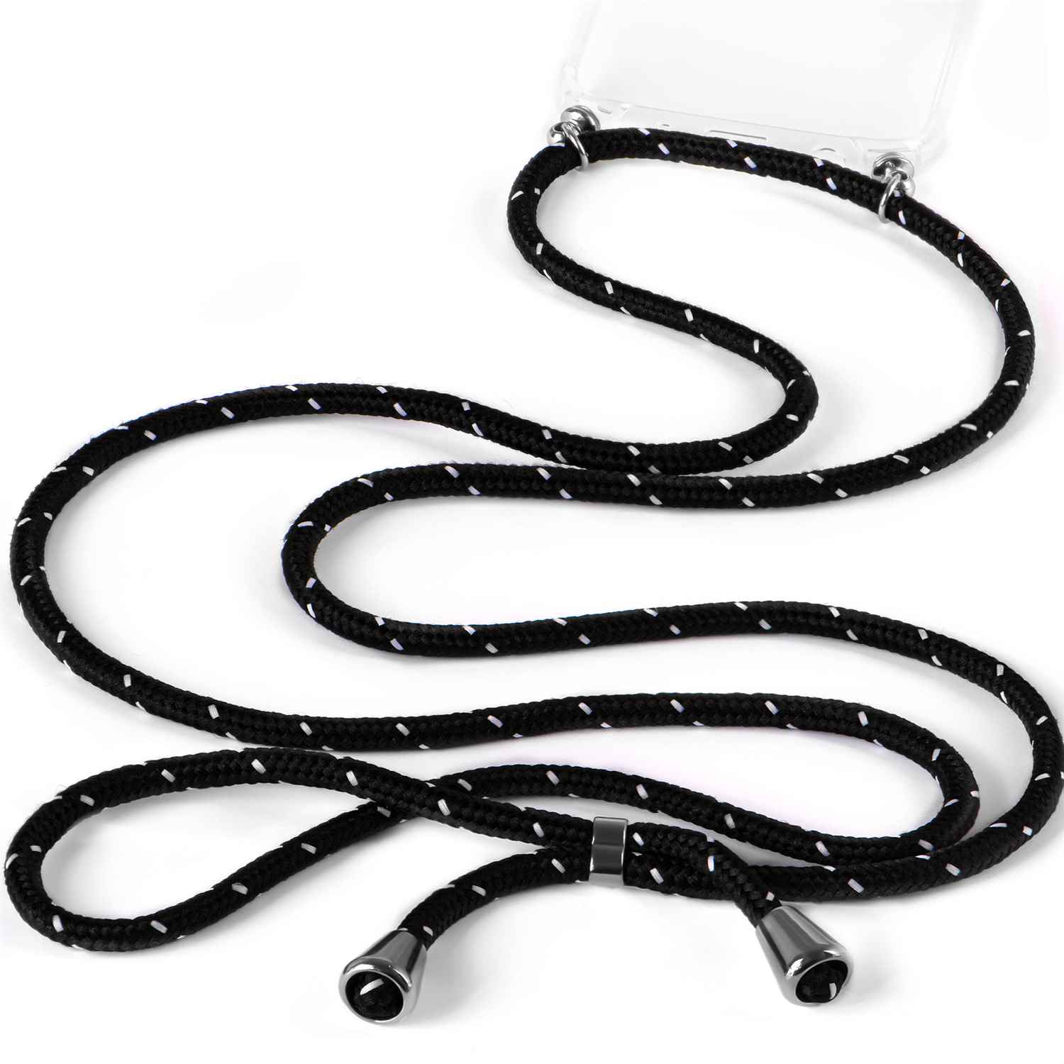 Schwarzer Handystrap mit weißen Punkten. Transparente Handyhülle befestigt. Weißer Hintergrund.