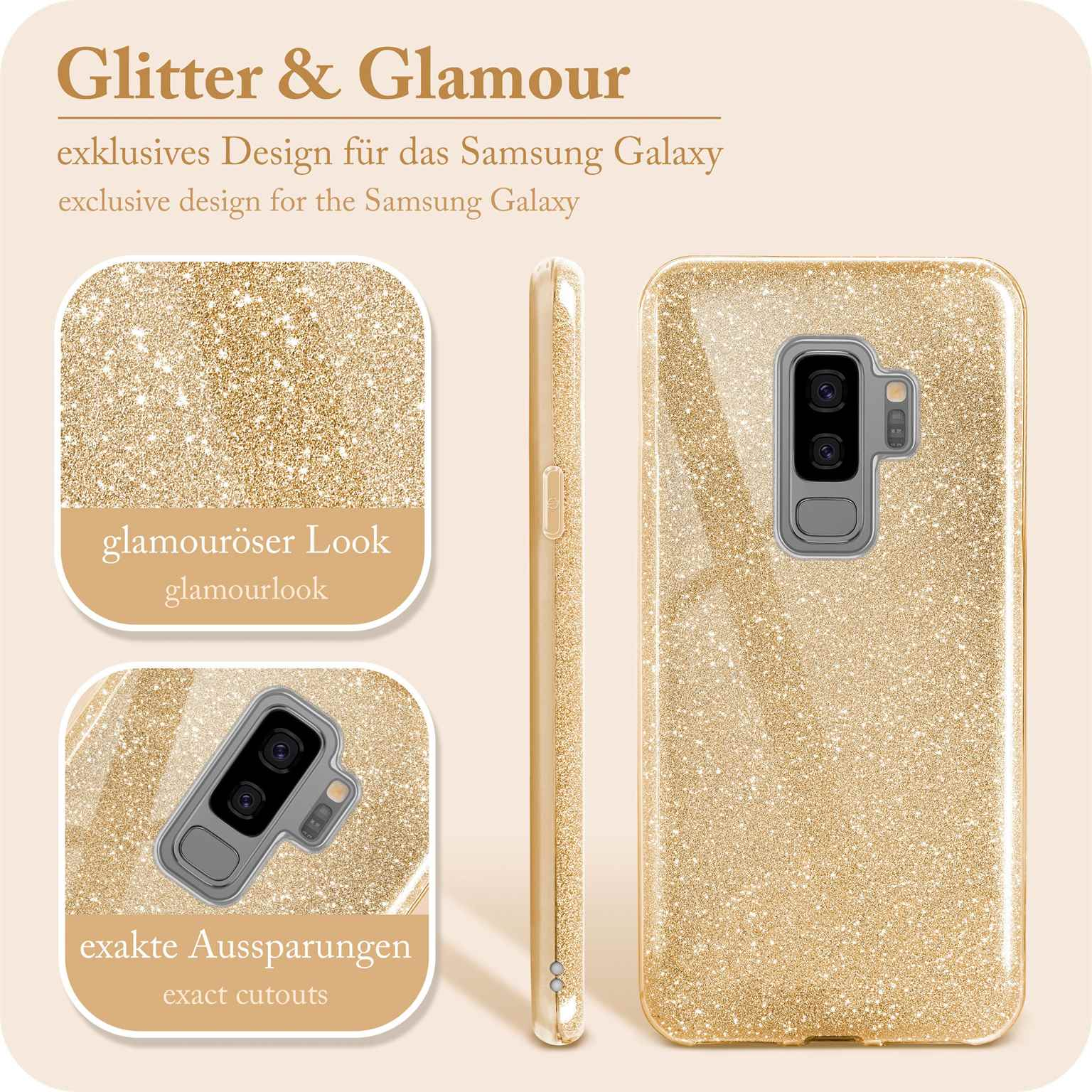Goldene Handyhülle mit Glitzer. Nahaufnahme der Details mit deutschem Text.