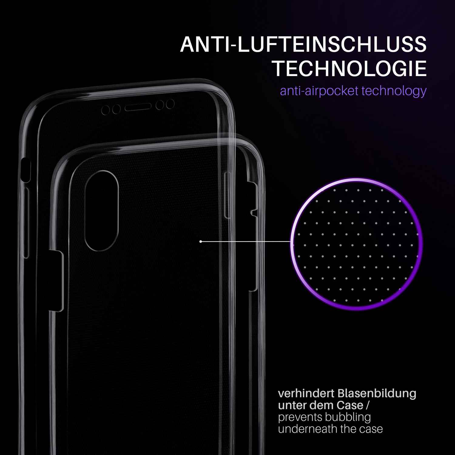 Zwei transparente Handyhüllen. Text: Anti-Lufteinschluss-Technologie verhindert Blasenbildung unter der Hülle.