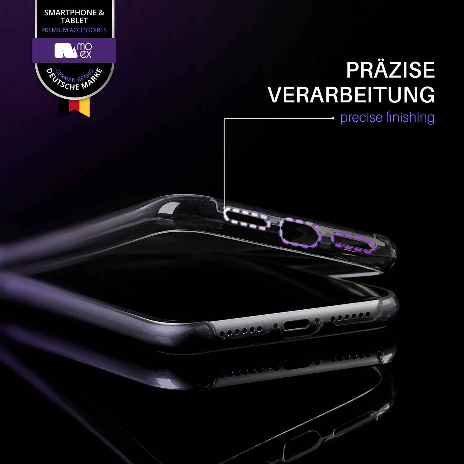 Klare Handyhülle Details. Oberer Koffer ist offen. Präzise Verarbeitung wird im Text hervorgehoben.