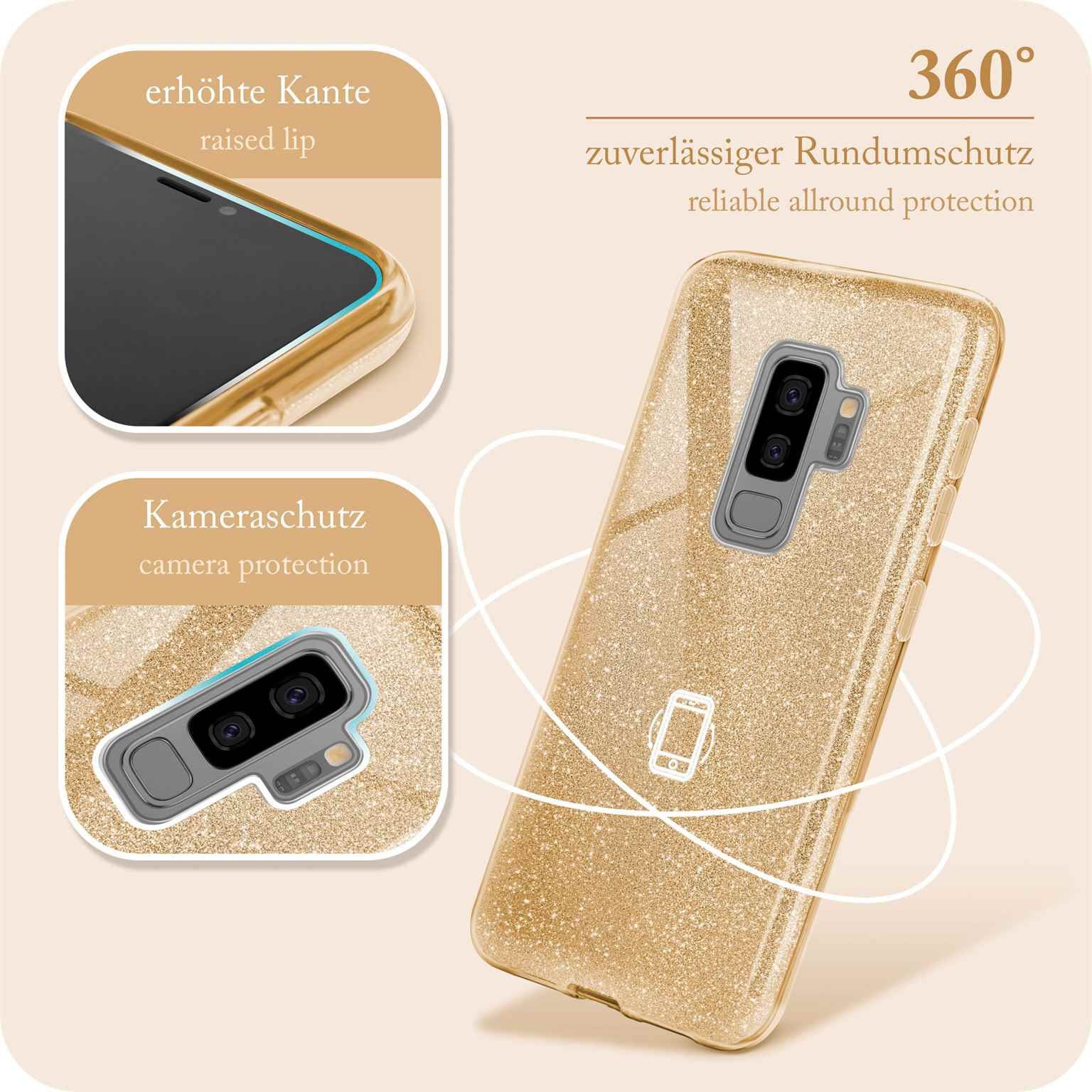 Goldene Handyhülle mit Glitzer, Kameraschutz. Details zeigen erhöhte Kante. Text erwähnt 360° zuverlässigen Schutz.