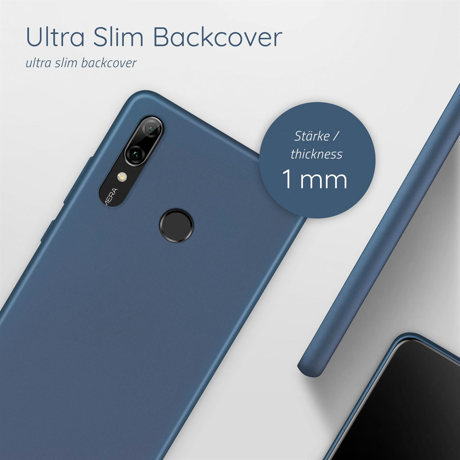 Eine blaue Handyhülle auf hellem Untergrund. Die Dicke wird mit 1 mm angegeben. Text: 'Ultra Slim Backcover'.