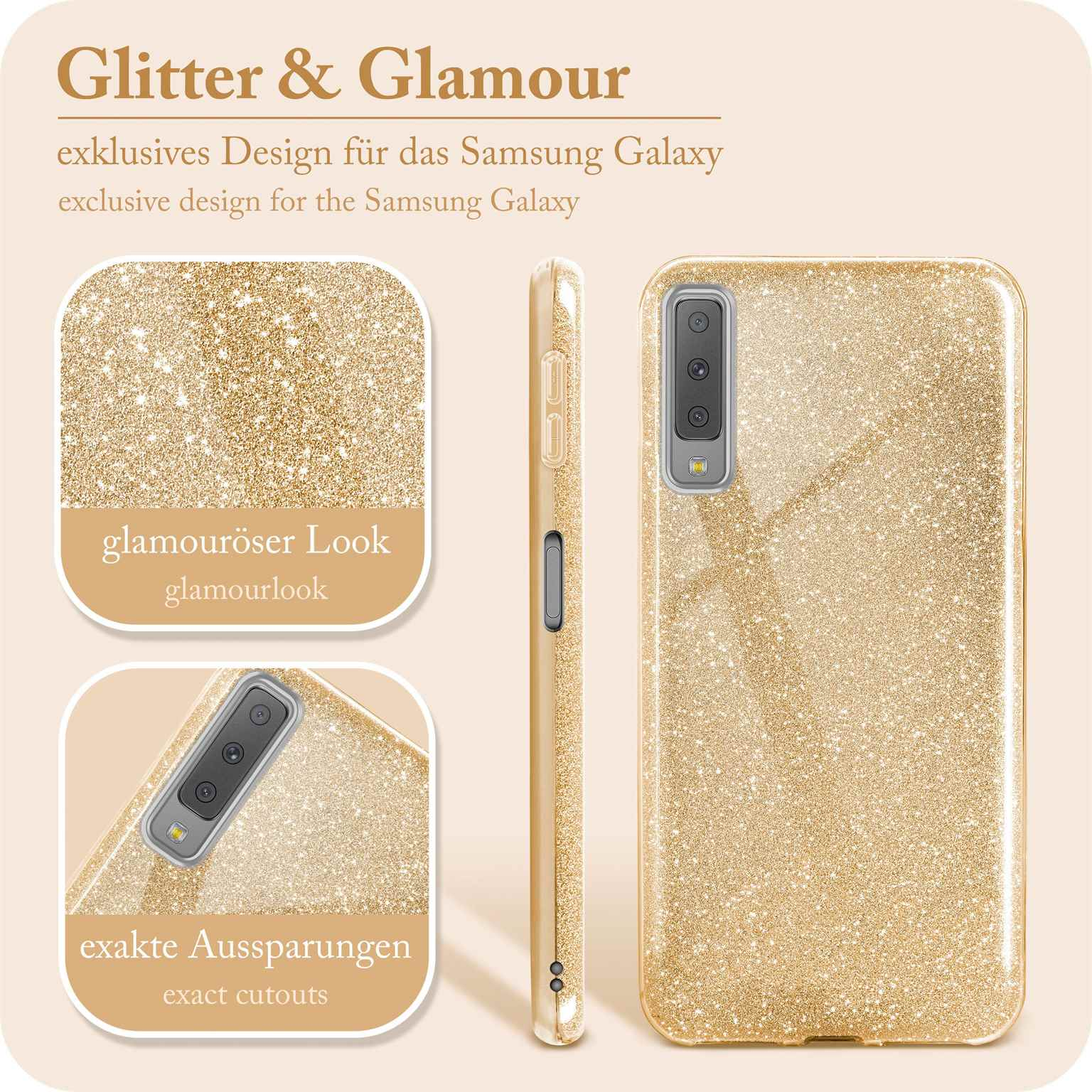Goldene Handyhülle mit Glitzer, Glamour-Look und exakten Aussparungen. Texte: Glitter & Glamour, Samsung Galaxy.