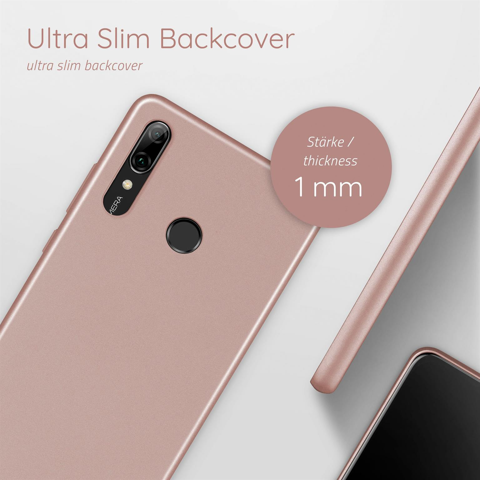 Ein roségoldenes Telefon mit Hülle. Die Dicke beträgt 1 mm. Text: Ultra Slim Backcover.