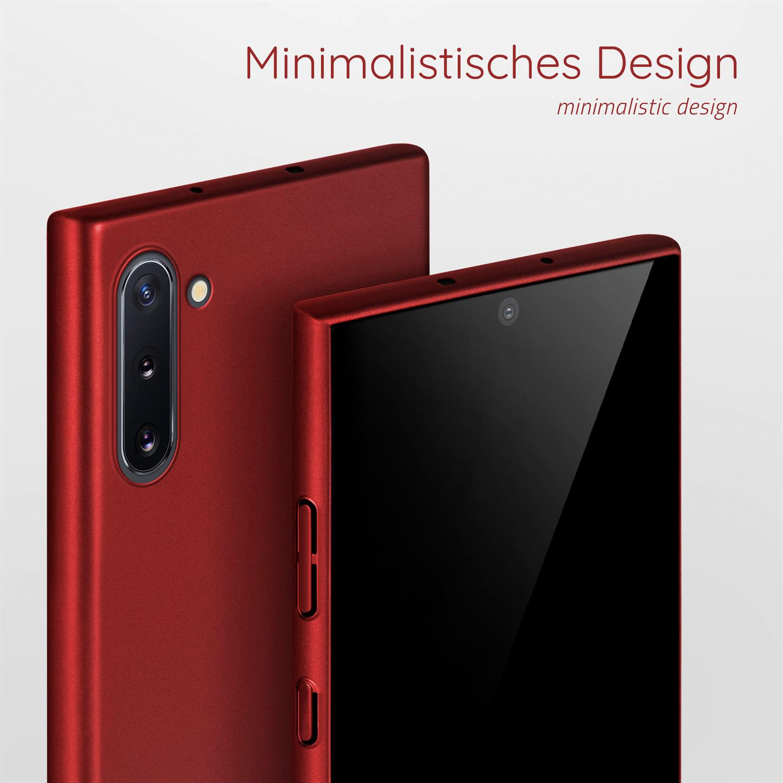 Rote Telefonhüllen. Eine ist im Fokus. Die andere ist im Hintergrund unscharf. Schwarzer Bildschirm.
