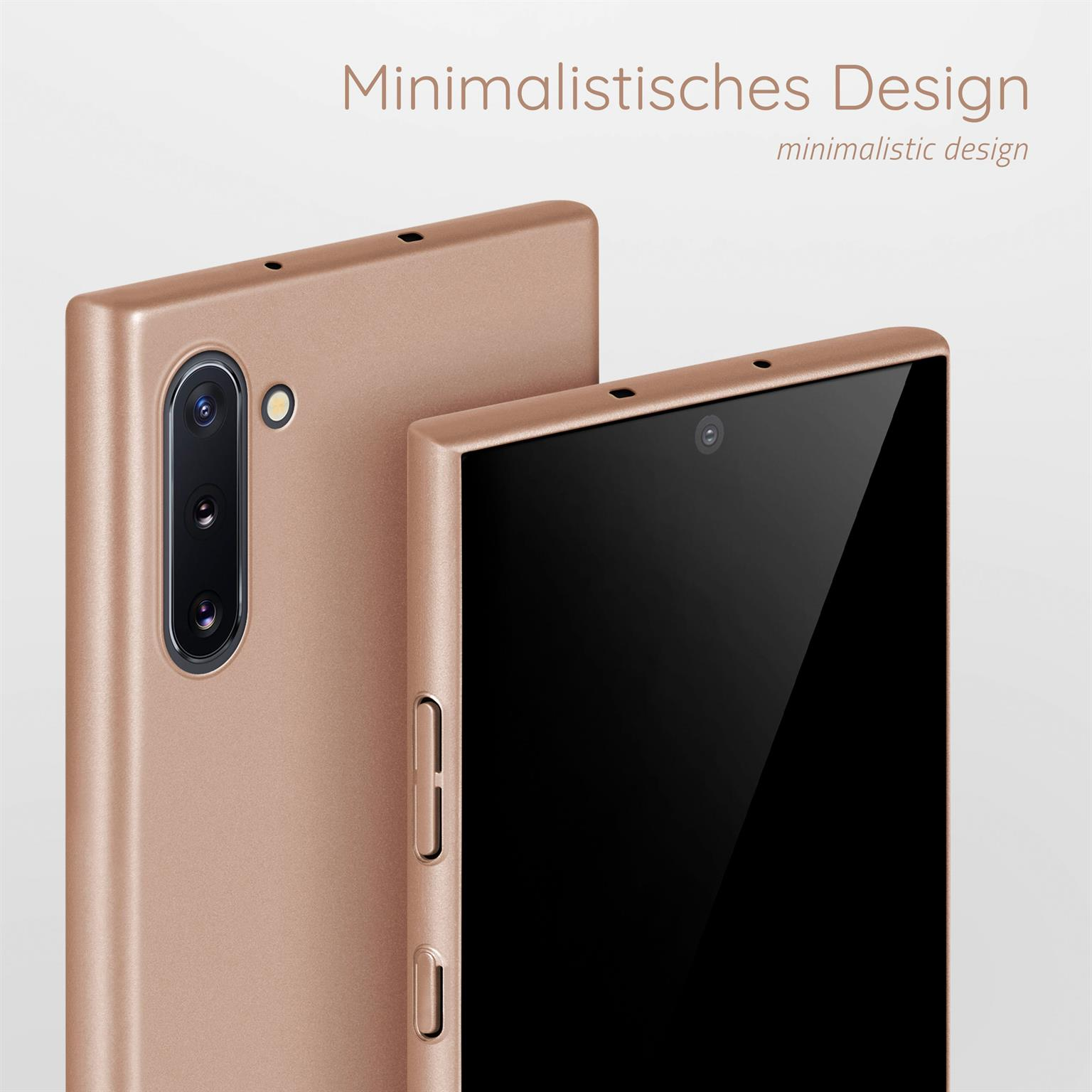 Zwei roségoldene Handyhüllen nebeneinander. Eines zeigt die Kamera, das andere ist schlicht.