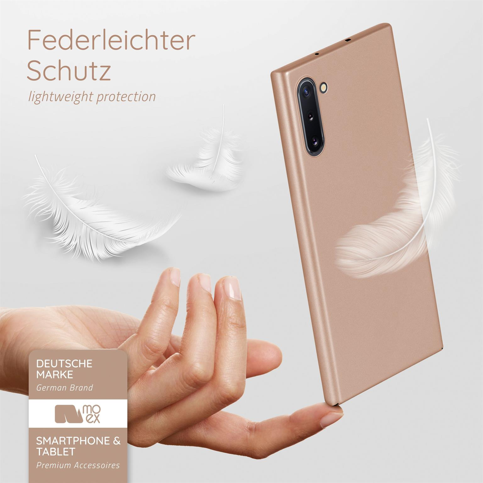 Handyhülle mit Federn, Text: federleichter Schutz.