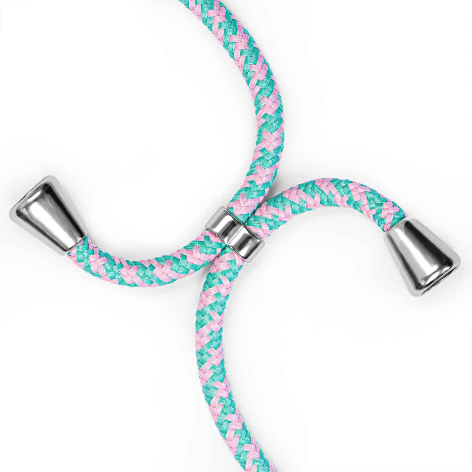 Handyriemen, rosa und blau geflochten, mit silbernen Spitzen und Verbinder, weißer Hintergrund.
