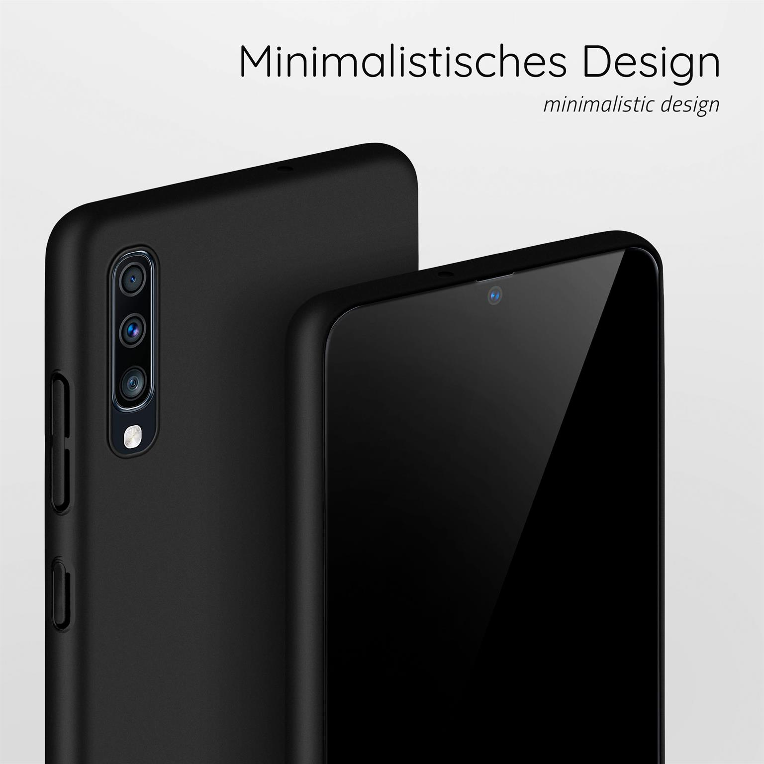 Zwei schwarze Telefone im Nahaufnahme. Text: 'Minimalistisches Design' auf Deutsch und Englisch.