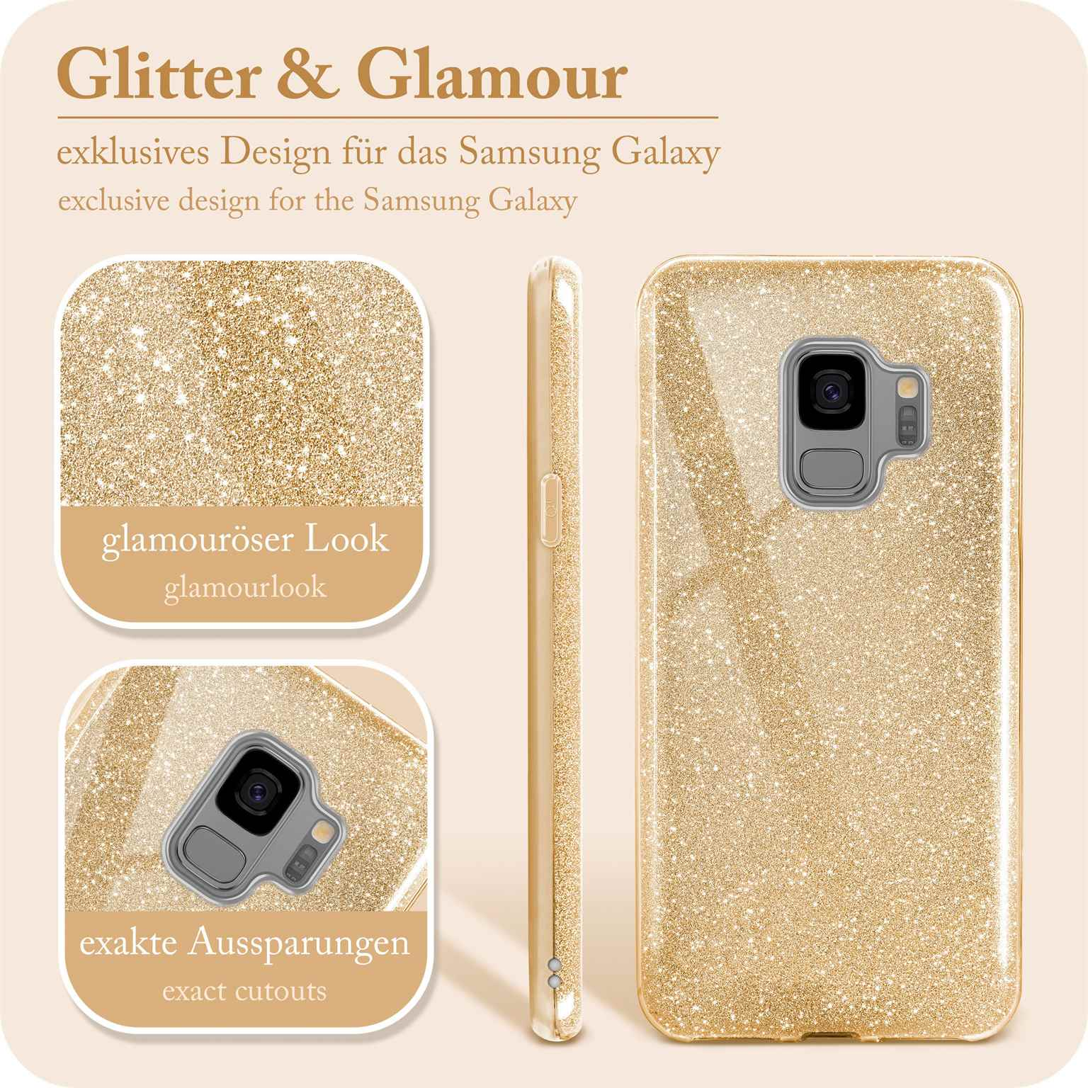 Gold glitzernde Handyhülle mit Samsung Galaxy Logo und Produktdetails.