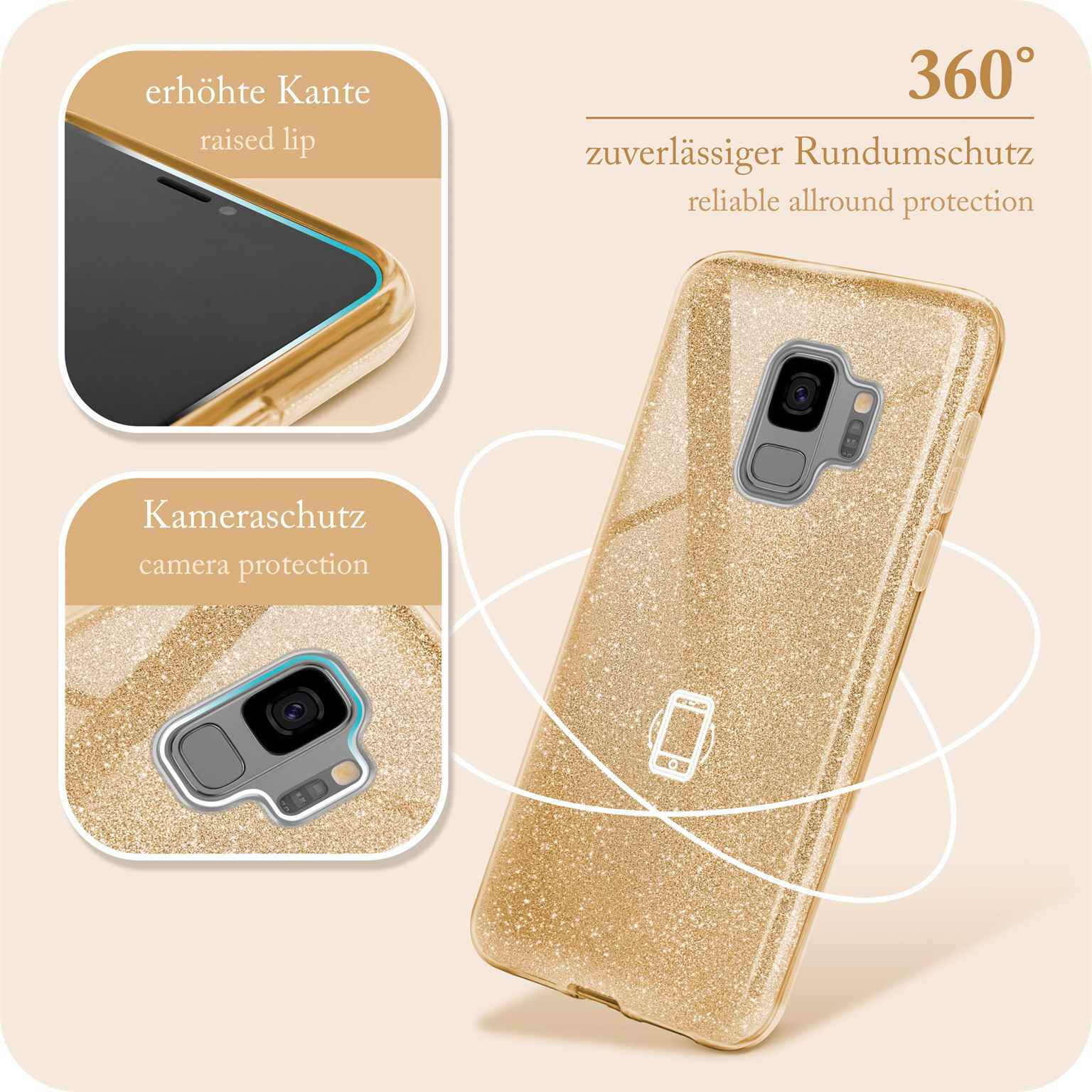 Goldene Glitzer-Handyhülle mit Kamera- und Displayschutz und goldenem Rand.